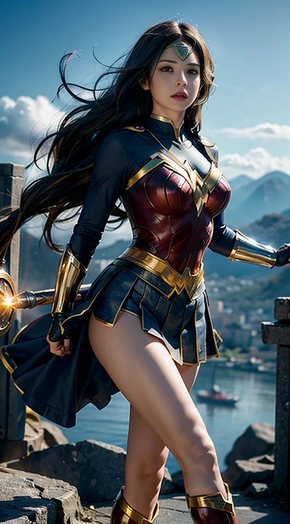 (best quality,4k,8k,highres,masterpiece:1.2),ultra-detailed,(realistic,photorealistic,photo-realistic:1.37), Gal Gadot as Wonder Woman, cinematic atmosphere. She is lifting her skirt and showing her panties, lifting her skirt, showing her panties camera, lifting her skirt towards the camera in a battle,comic-book style illustration, metallic texture, sharp focus, vivid colors, dramatic lighting, wonderful action pose, confident expression, flowing hair, intense gaze, golden tiara, red and blue costume, powerful stance, dynamic composition, lasso of truth, bulletproof bracelets, warrior princess, superheroine, strong and graceful, fierce determination, cityscape background, cloudy sky, dramatic clouds, Lasso of Hestia, magical powers, empowering symbol, iconic superhero, surreal elements, ethereal aura, striking contrast, vibrant hues, cinematic atmosphere. She is lifting her skirt and showing her panties, lifting her skirt, showing her panties camera