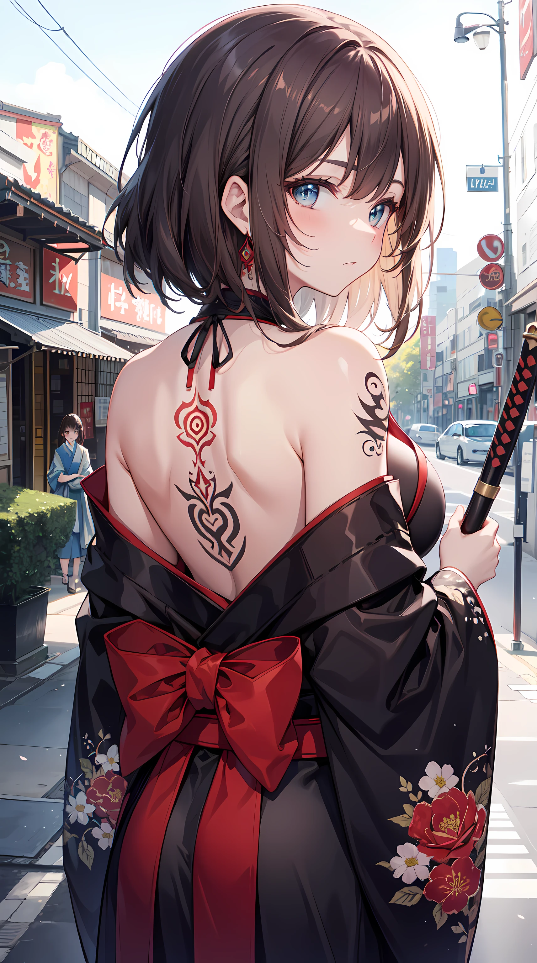 tmasterpiece, top-quality, Best quality at best, offcial art, Beautiful and beautiful:1.2),1个Giant Breast Girl, Tattooed with, Alone, Japanese clothes, Red and black kimono, hair adornments, unsheathed, brunette color hair, scabbard, tattooed back, Dragon Tattoo, eBlue eyes, cropped shoulders, exposed bare shoulders, back to look back, from back, florals, looking at viewert, ngel, cosmetics, En plein air,