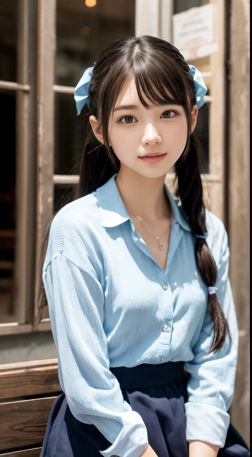 NFSW、masutepiece、masterpiece、1 girl in、(close up of face、cowboy shot)、Straight front view、japanes、very young cute woman、(The cutest girl in the world)、15yo student、Smaller face、large full breasts、Autumn knit jacket、Sheer inner、Chiffon skirt、Ultra-detailed costumes、Smiling in a café、Scrunchie、Thin necklace、Glamorous figure、hyper cute face、shiny lip、Double eyelids in both eyes、 natural make up、long eyeslashes、shiny smooth light brown hair、bangss、Short twin tail hair、asymmetrical bangs、image in center、8K分辨率、high détails、Detailed hairstyles、A detailed face、spectacular movie lighting、octane renderings、with a vibrant、Ultra-realistic、Perfect limbs、perfect anatomia