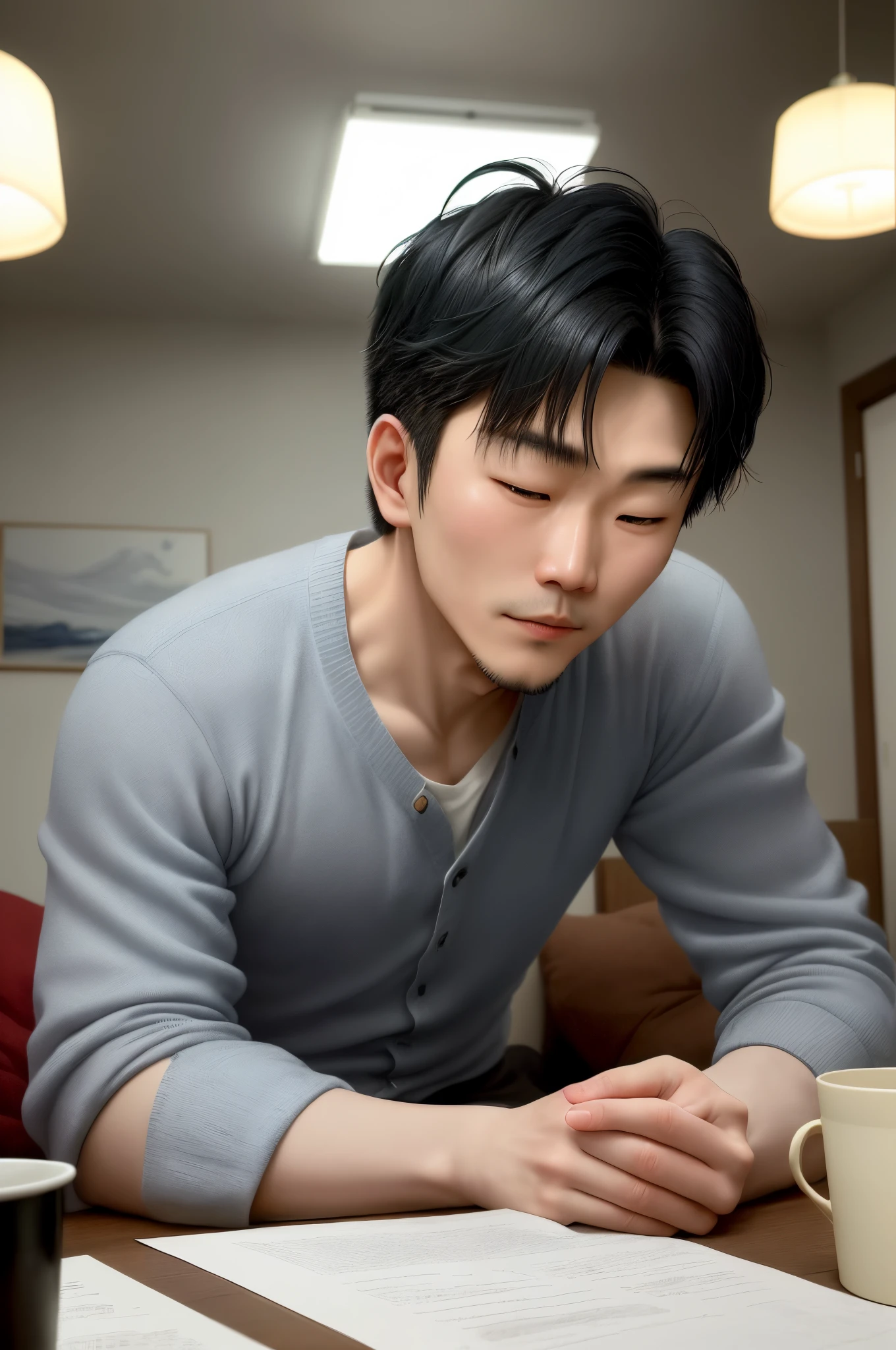 /Image description：Zhang Liang’s personality characteristics and style： Unique personalized lighting： dim murky lights，Camera that highlights his fatigue and decadence： facing away from the audience，Decoration that emphasizes his feeling of loneliness： Scattered documents on the desk and a cup of cold coffee ingredients： Modern office supplies made of metal and plastic

/Image description：Zhang Liang’s relaxing moment style： sleep lighting： warm yellow light，Highlighting his desire to rest on camera： Top-down view，Decoration emphasizing the relaxing moment with his eyes closed： Quilts and cushions，Materials that highlight the warmth of your home： Cotton and down，creating a sense of warmth and comfort

/Image description：Zhang Liang’s thinking style at night： abstract lighting： faint blue light，A camera that conveys his thoughts and confusion about the future： Side angle，emphasizing his side-lying posture decoration： Scratch paper scattered on the table，material that expresses his inner chaos.： paper and pencil，Highlighting his thought process, these visual descriptions are intended to more fully express Zhang Liang&#39;s appearance and state of mind.，to better convey his unique personality。