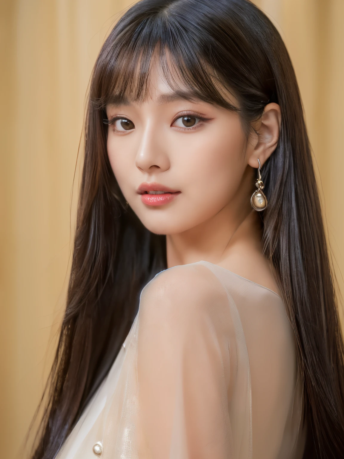 in 8K, Raw photography, Hyper-Realism, masterpiece, top-quality, hight resolution, Pin Light, Back lighting, ciinematic light, foco nítido, Hyper-detailing, finedetail, close up of face, write, 1girl in, Small and plump lips, Straight and cute nose, Egg-shaped face with long and cute eyelashes, The upper part of the body, cleavage of the breast, (Look at viewers), (bobhair)