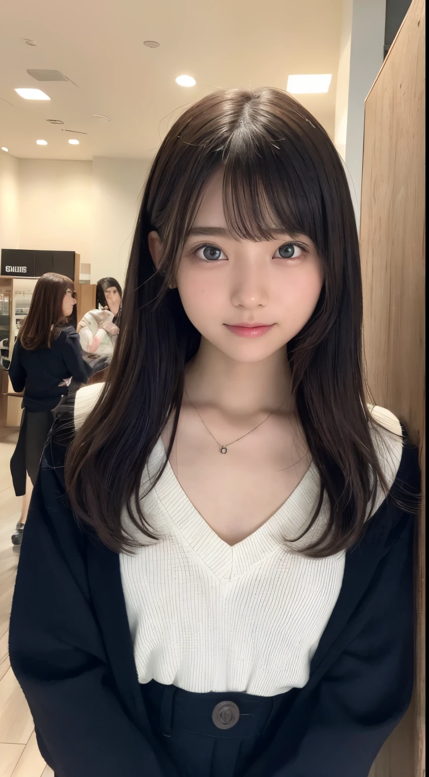 NFSW、masutepiece、​masterpiece、1 girl in、(close up of face、cowboy  shot)、Straight front view、japanes、very young cute woman、(The cutest girl in the world)、15yo student、Smaller face、large full breasts、Autumn knit jacket、Sheer inner、Chiffon skirt、Ultra-detailed costumes、Smiling in a café、Scrunchie、Thin necklace、Glamorous figure、hyper cute face、shiny lip、Double eyelids in both eyes、 natural make up、long eyeslashes、shiny smooth light brown hair、bangss、Short twin tail hair、asymmetrical bangs、image in center、8K分辨率、high détails、Detailed hairstyles、A detailed face、spectacular movie lighting、octane renderings、with a vibrant、Ultra-realistic、Perfect limbs、perfect anatomia
