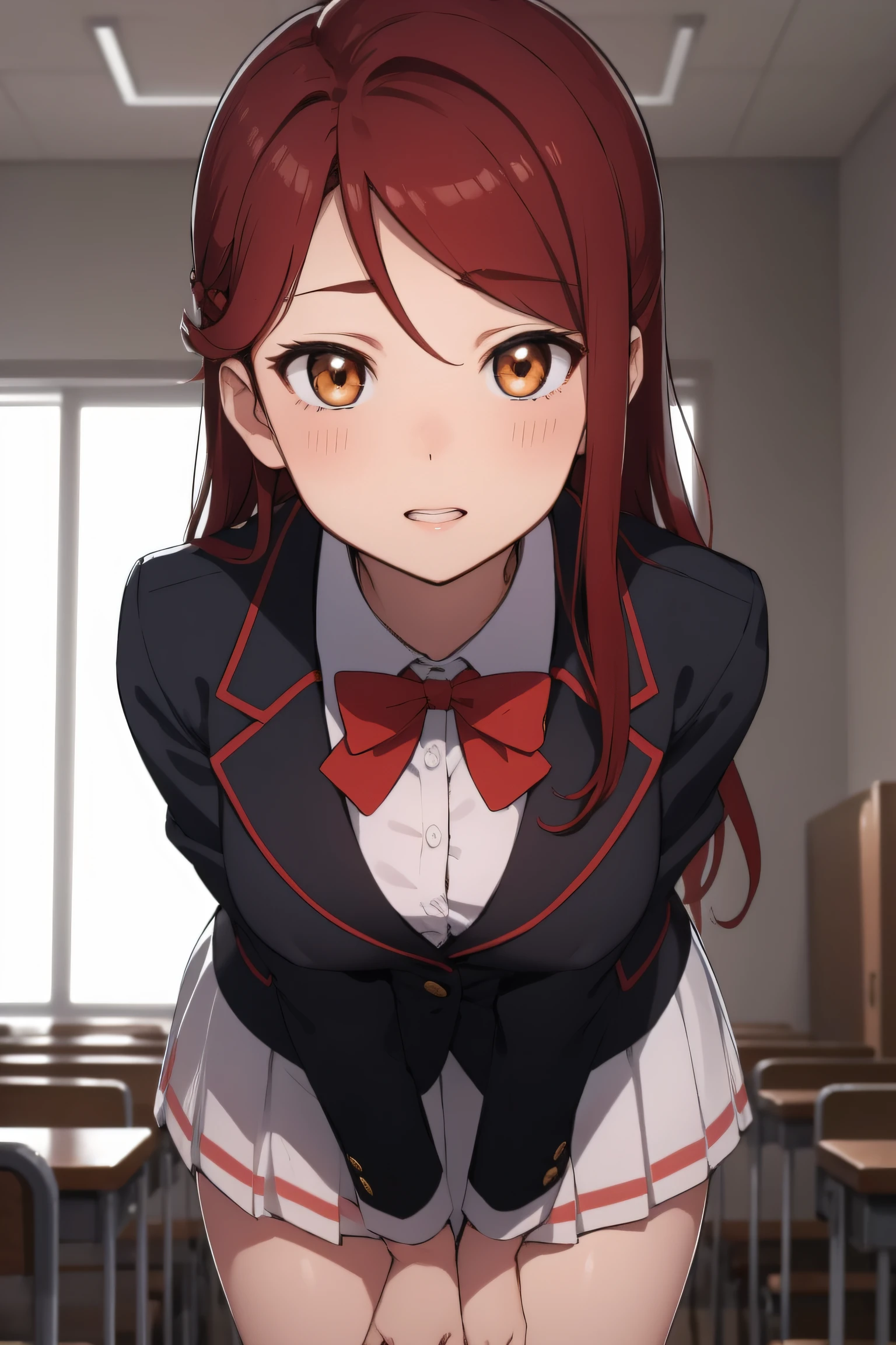 rikosakurauchi, riko sakurauchi, (brown eyes:1.5), hair between eyes, long hair, (red hair:1.5), (small breast:1.2), 
BREAK glasses, advanced nurturing high school uniform, blazer, red blazer, bow, bowtie, collared shirt, jacket, long sleeves, pleated skirt,
BREAK looking at viewer, standing,(from below:1.2), (leaning forward:1.2), (arms behind back:1.2),
BREAK indoors, classroom, 
BREAK (masterpiece:1.2), best quality, high resolution, unity 8k wallpaper, NSFW,(illustration:0.8), (beautiful detailed eyes:1.6), extremely detailed face, perfect lighting, extremely detailed CG, (perfect hands, perfect anatomy),