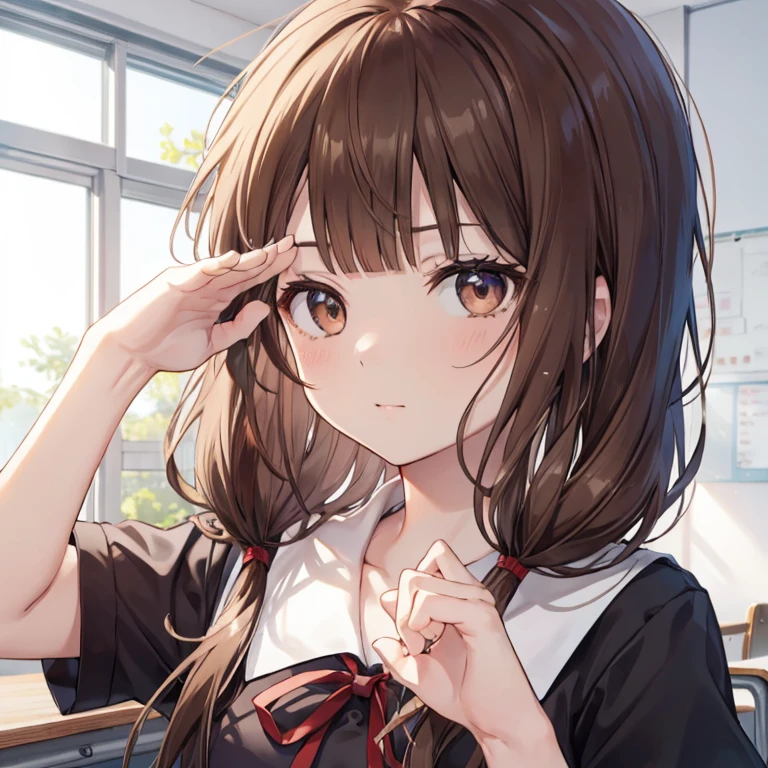 mikoiino, miko iino, blunt bangs, (brown eyes:1.5), brown hair, hair tie, long hair, low twintails, red ribbon, ribbon, twintails, 
BREAK black dress, dress, pinafore dress, school uniform, shirt, short sleeves, shuuchiin academy school uniform, white shirt, armband,
BREAK looking at viewer, (salute pose:1.3), (closeup, focus face, close distance front face shot:1.2), 
BREAK indoors, classroom,
BREAK (masterpiece:1.2), best quality, high resolution, unity 8k wallpaper, (illustration:0.8), (beautiful detailed eyes:1.6), extremely detailed face, perfect lighting, extremely detailed CG, (perfect hands, perfect anatomy),