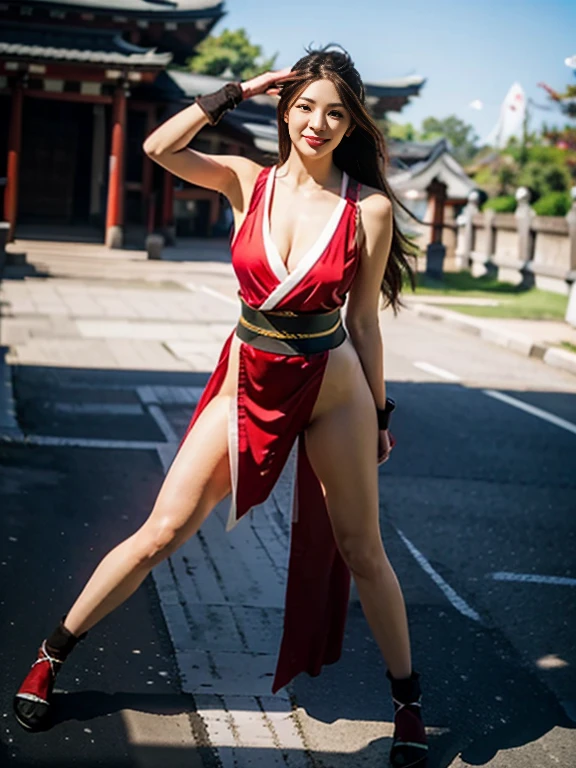 mai shiranui, Brown eyes, The toes are visible,The whole body is reflected, Standing, Full body, Prestige, Long hair, Brown hair, White ribbon, Sleeveless, poneyTail, sash, pelvis curtain, arm guards, mitts, tabi, fascinated expression, Sexy eyes, medium breasts, Smile, Cute, view the viewer, Long hair, Close to Japan temple, (breasts focus:1.2), (Realistic:1.2), (Full Shot: 1.2), (Realism), (masutepiece:1.2), (Best Quality), (ultra-detailliert), (8K, 4K, Convoluted), (85 mm), light Particle, Lighting, (Highly detailed:1.2), (Detailed face:1.2), (gradients), SFV, Colorful, (Detailed eyes:1.2), (Detailed temples of Japan: 1.2),(Detailed background), (Dynamic Angle:1.2), (Dynamic Pose:1.2), (Line of action:1.2), Wide Shot, Daylight, Solo.