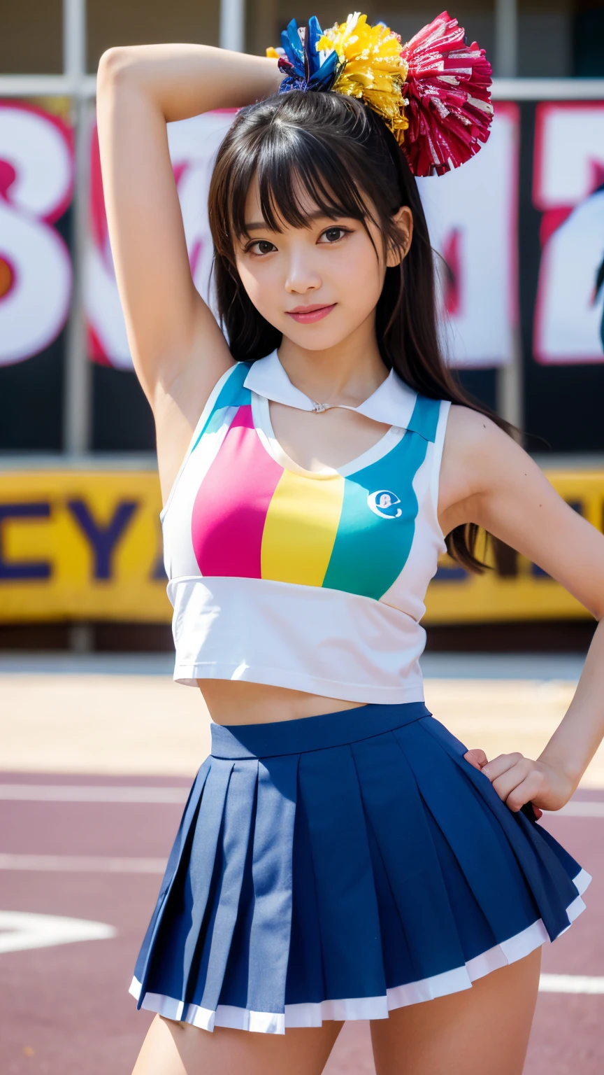 Best-quality, Masterpiece, Ultra-High-Resolution, (Photorealistic:1.4), Raw-Photo, Extremely-Details, Perfect-Anatomy, 

1girl, the most popular Japanese idol, (wearing childish underwear under colorful cheerleader's sleeveless shirt and pleated skirt), upturned extremely beautiful ass, cowboy-shot, innocent smile, looking at viewer, (dynamic-pose:1.2), extremely cute face, extremely beautiful big black solid circle eyes, extremely beautiful black hair, extremely beautiful white skins, extremely beautiful and perfect body