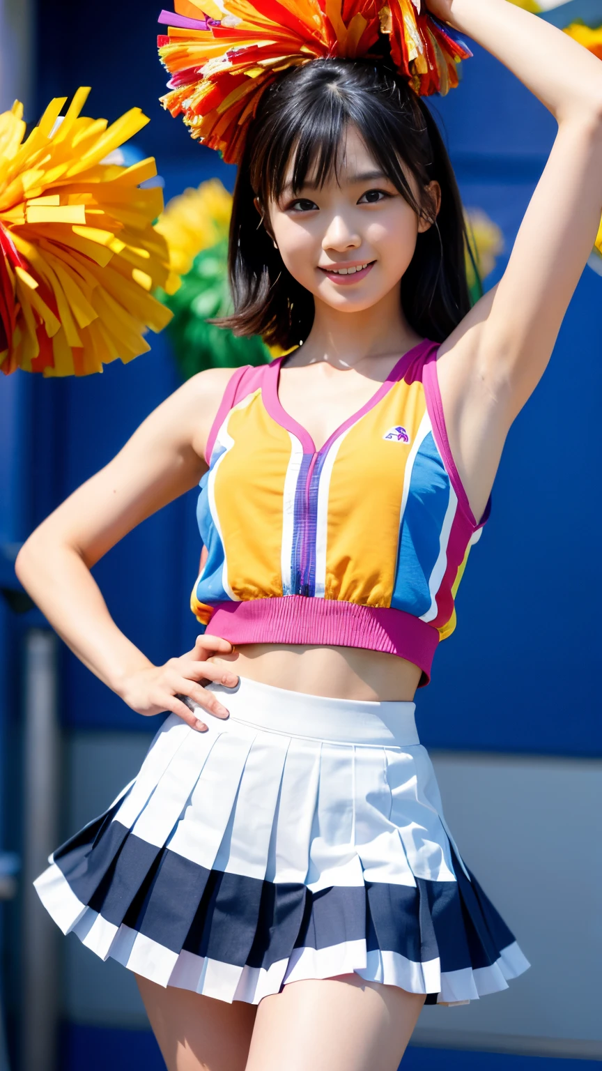 highest quality、8k、No makeup、masterpiece、Ultra-high resolution、Clear photos、Realistic、Professional Lighting、(Very cute girl)、Cheerleader、smile、(Large erect nipples)、Ultra slim、Tight waist、Slender body、Thin legs、Brown Hair、smile、Field、Under the blazing sun、(タイトなCheerleaderのユニホームを着て)、(mini skirt)、(Jump towards the camera:1.8、Jump High:1.8)、(With legs wide open)、(Skirt flipped up)、(She gets excited and shows off her white lace panties)、Full body photo:1.4