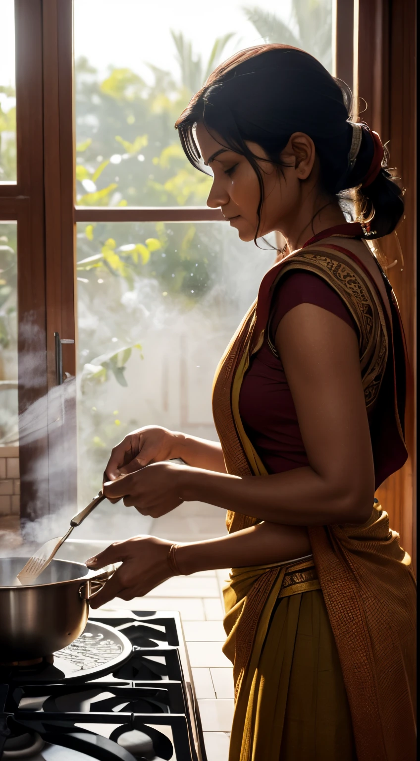 Create an ultra-realistic, high-resolution image of an Indian mother preparing food in the kitchen during the morning. The scene should vividly depict a traditional Indian kitchen setting, with colorful spices and typical Indian cooking utensils. The mother, wearing traditional Indian attire, should be engaged in the act of cooking, perhaps making roti or stirring a curry, with a look of concentration and care on her face. The kitchen is warmly lit with morning light filtering through a window, highlighting the steam rising from the cooking food and the intricate patterns of the kitchen tiles and decorations. Emphasize the rich colors and textures typical of an Indian kitchen, capturing the essence of a morning routine in an Indian household.