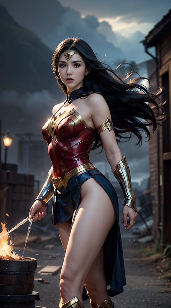 (best quality,4k,8k,highres,masterpiece:1.2),ultra-detailed,(realistic,photorealistic,photo-realistic:1.37), Gal Gadot as Wonder Woman, cinematic atmosphere. She is lifting her skirt and showing her panties, lifting her skirt, showing her panties camera, lifting her skirt towards the camera in a battle,comic-book style illustration, metallic texture, sharp focus, vivid colors, dramatic lighting, wonderful action pose, confident expression, flowing hair, intense gaze, golden tiara, red and blue costume, powerful stance, dynamic composition, lasso of truth, bulletproof bracelets, warrior princess, superheroine, strong and graceful, fierce determination, cityscape background, cloudy sky, dramatic clouds, Lasso of Hestia, magical powers, empowering symbol, iconic superhero, surreal elements, ethereal aura, striking contrast, vibrant hues, cinematic atmosphere. She is lifting her skirt and showing her panties, lifting her skirt, showing her panties camera