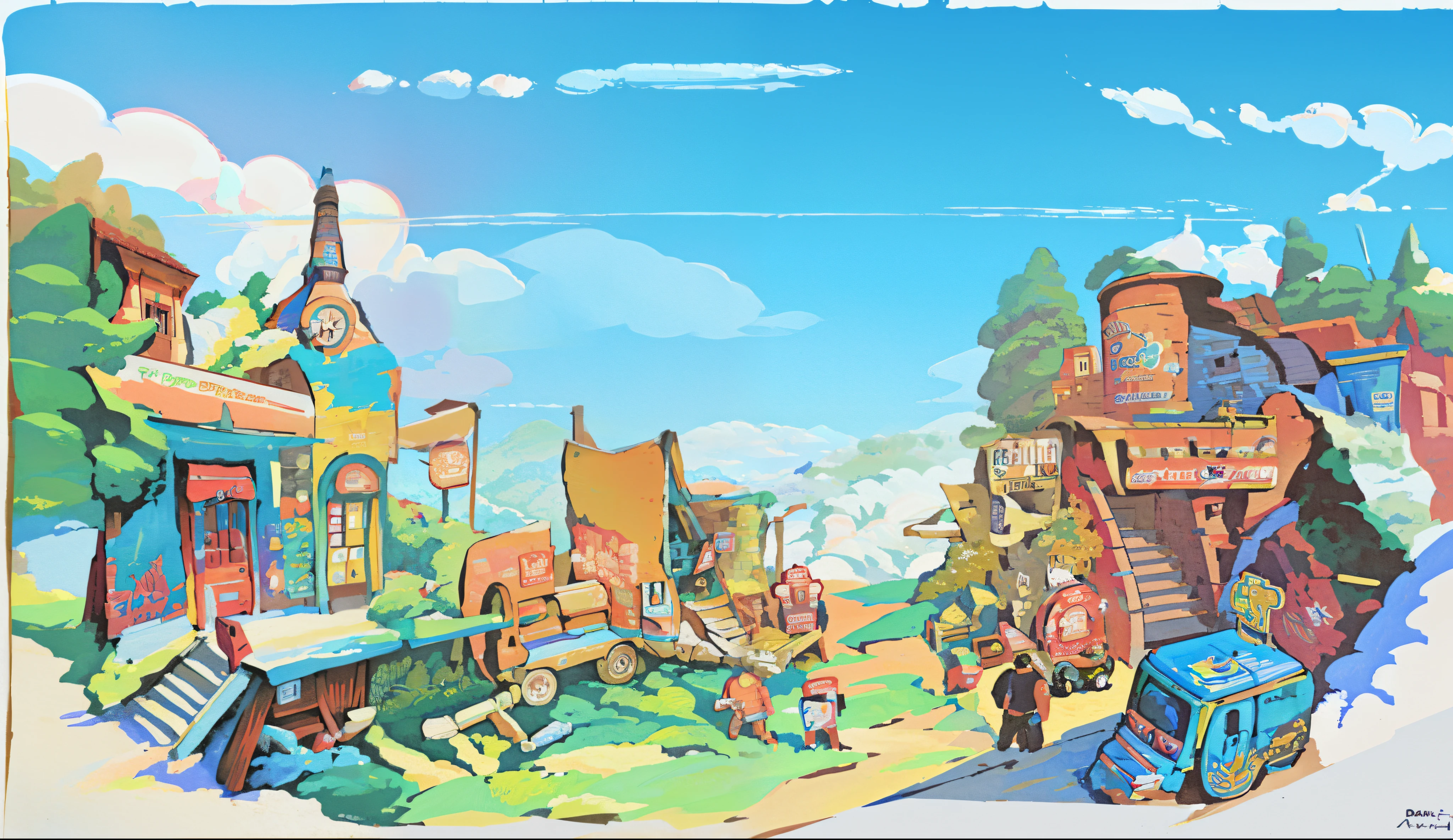 Cartoon of a group of people on a railway track, nintendo game art, official artwork hdr, Propaganda art, Wallpapers!, !Dream concept art, vibrant with colors，high saturated，offcial art, Official concept art, konami concept art, Downtown background, Official artwork, full-colour illustration, Very detailed official artwork, artistic, sunny day time,