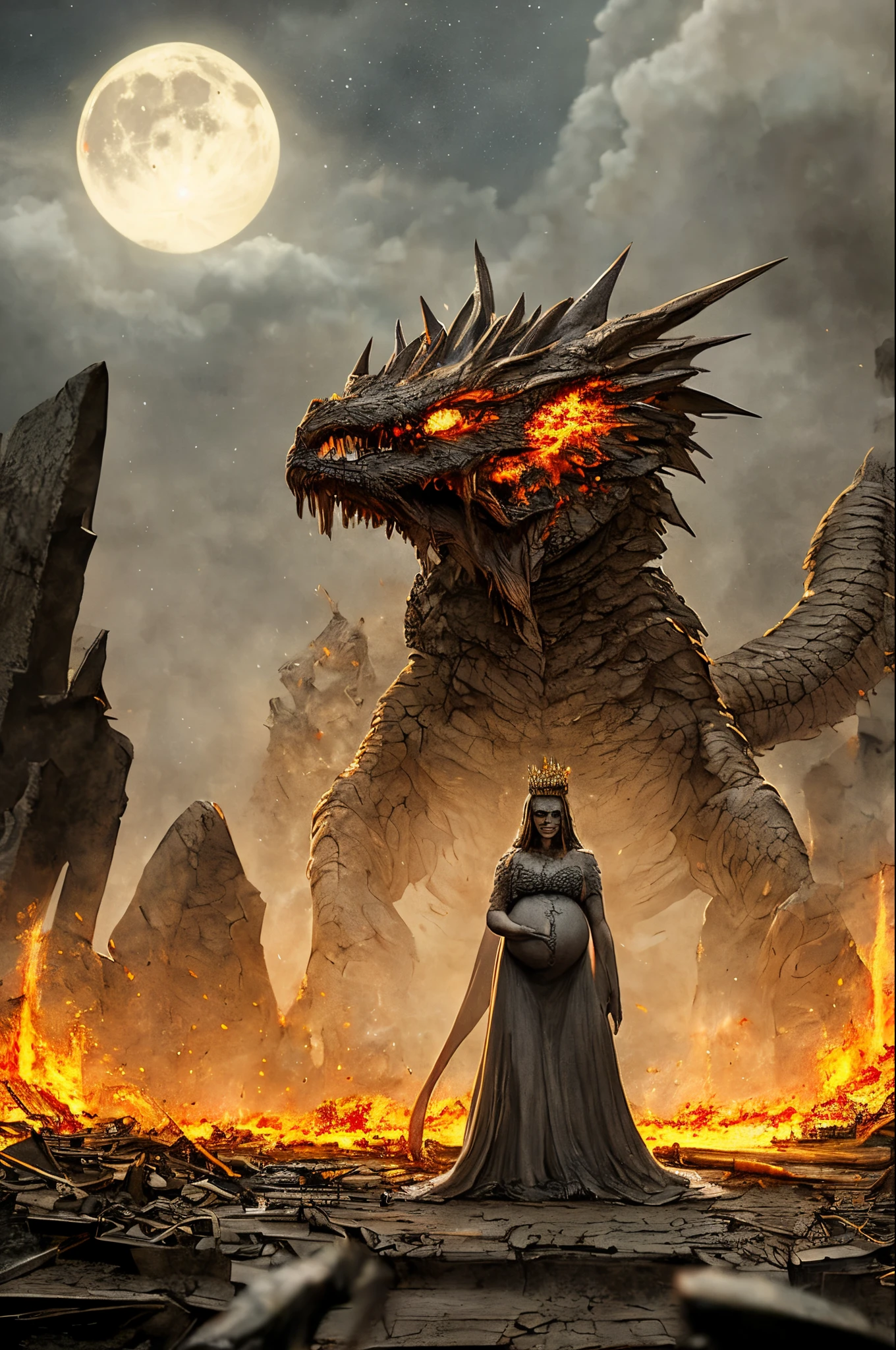Produce a detailed representation of the a pregnant woman, clothed with the sun, with the moon under her feet, and a crown of twelve stars on her head. described in the biblical apocalypse prophecy, depicting it in an apocalyptic setting engulfed in raging flames. Highlight its scaly skin, piercing eyes,, as it rises amidst destruction, with lightning and dark clouds in the background. Use lighting and shadow effects to create a dramatic and intense atmosphere, conveying the magnitude and threatening power of the dragon in this apocalyptic scene.
