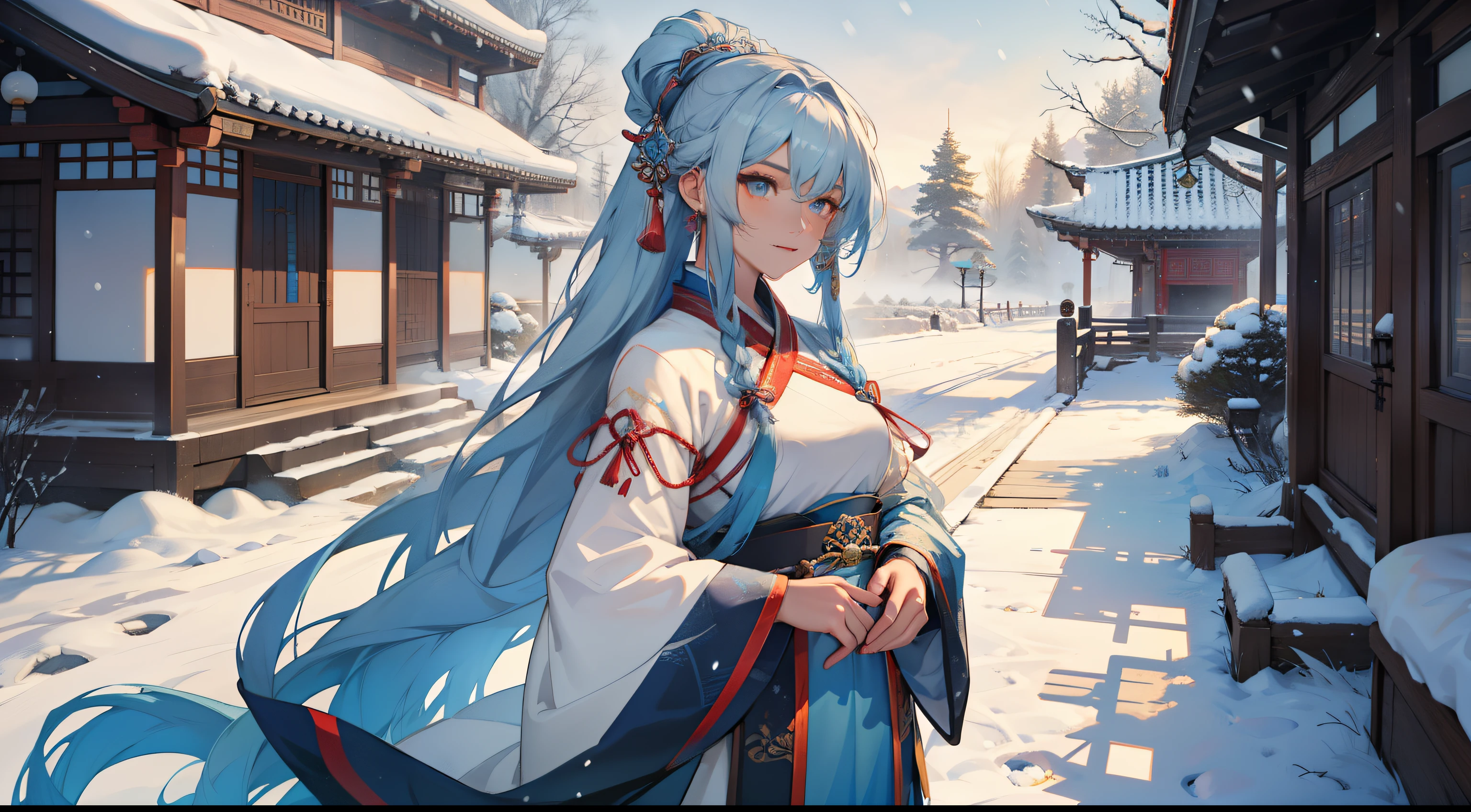 One dressed in blue，Long, flowing hair、Alpha image of a woman with beautiful hairstyle，palaces，A girl in Hanfu，Very popular on cgstation，Guviz style artwork，Guwitz，Inspired by Du Qiong，Inspired by Ma Yuanyu，8K）），Cold winter，winter solstice，Wear thick clothing，There is a fur collar，nevando，Winter view，beautiful snowy landscape