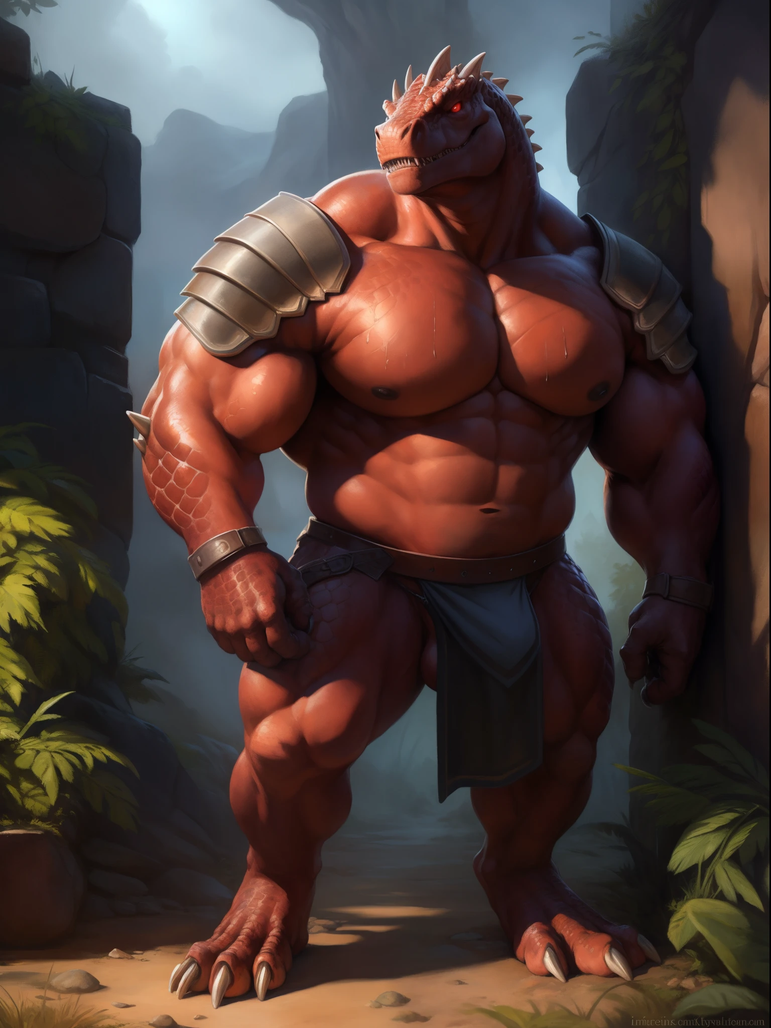 stone wall, fog, standing, penis, (ultra detailed), a beautiful and detailed full size portrait of a male anthro black t rex, dinosaur, (black body, red skin), smirk, (scales, detailed scales, muscle anthro, buff, big pecs, gladiator armor), loincloth, big crotch, armor leg wear, armor gloves, glowing eyes, red eyes (glowing), non-mammal breasts, looking at viewer, bedroom_eyes, detailed eyes, big body, sexy body, goddess, big crotch, crotch apron, balls outline, sword belt, kenket, Ross Tran,ruan jia, trending on artstation,foxovh, cenematic lighting, big breaths, big boobs, vagina, pussy, hands on chest, detailed background, day, roar view, lying against wall, empty eyes, foreskin, tan body, tan scales, empty eyes, wet, night, big body, loincloth aside, pronounced_browridge, muscular anthro, big muscles, big pecs, battle armor, arm_spikes, biceps, feets, full body,