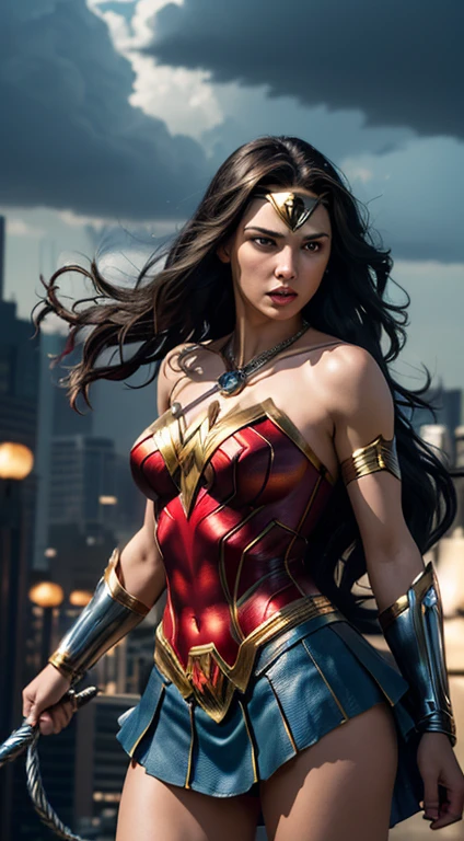 (best quality,4k,8k,highres,masterpiece:1.2),ultra-detailed,(realistic,photorealistic,photo-realistic:1.37), Gal Gadot as Wonder Woman, cinematic atmosphere. She is lifting her skirt and showing her panties, lifting her skirt, showing her panties camera, lifting her skirt towards the camera in a battle,comic-book style illustration, metallic texture, sharp focus, vivid colors, dramatic lighting, wonderful action pose, confident expression, flowing hair, intense gaze, golden tiara, red and blue costume, powerful stance, dynamic composition, lasso of truth, bulletproof bracelets, warrior princess, superheroine, strong and graceful, fierce determination, cityscape background, cloudy sky, dramatic clouds, Lasso of Hestia, magical powers, empowering symbol, iconic superhero, surreal elements, ethereal aura, striking contrast, vibrant hues, cinematic atmosphere. She is lifting her skirt and showing her panties, lifting her skirt, showing her panties camera
