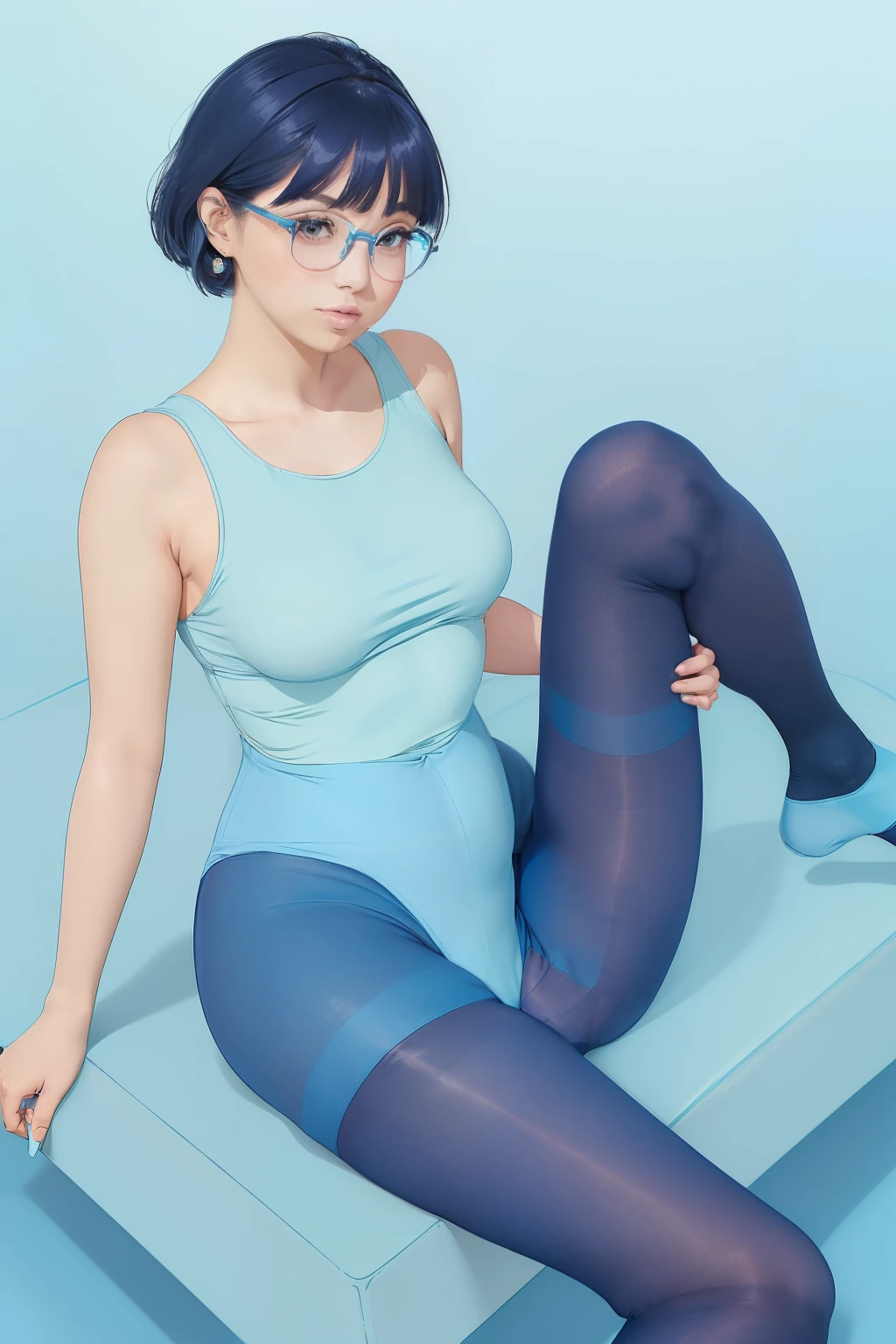 ((((A woman with her legs spread wide in an M shape and showing her crotch)))),sitting on ,rather thick body shape,high legs,Tube Top,high-heels,Shorthair,eye glass, ((((Please wear light blue plain tights all over your body...))))