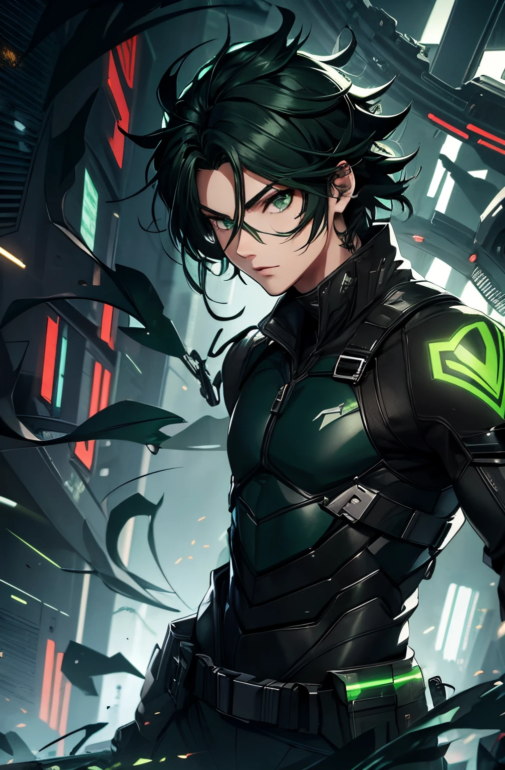 1male, green eyes, wild black hair, wearing modern combat suit, masterpiece, 4k official art, highly detailed
