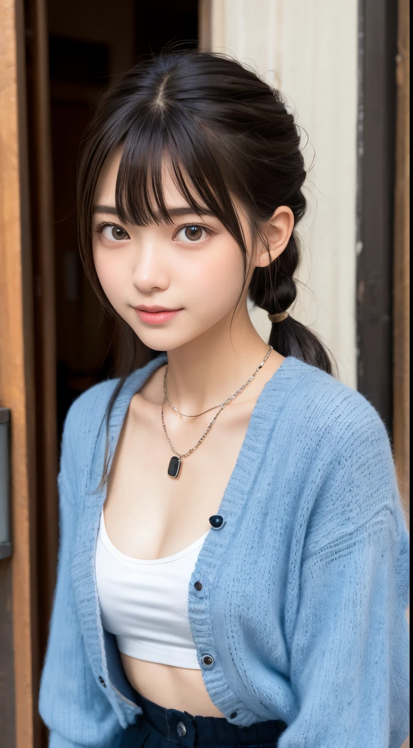 NFSW、masutepiece、masterpiece、1 girl in、(close up of face、cowboy shot)、Straight front view、japanes、very young cute woman、(The cutest girl in the world)、15yo student、Smaller face、large full breasts、Autumn knit jacket、Sheer inner、Chiffon skirt、Ultra-detailed costumes、Smiling in a café、Scrunchie、Thin necklace、Glamorous figure、hyper cute face、shiny lip、Double eyelids in both eyes、 natural make up、long eyeslashes、shiny smooth light brown hair、bangss、Short twin tail hair、asymmetrical bangs、image in center、8K分辨率、high détails、Detailed hairstyles、A detailed face、spectacular movie lighting、octane renderings、with a vibrant、Ultra-realistic、Perfect limbs、perfect anatomia
