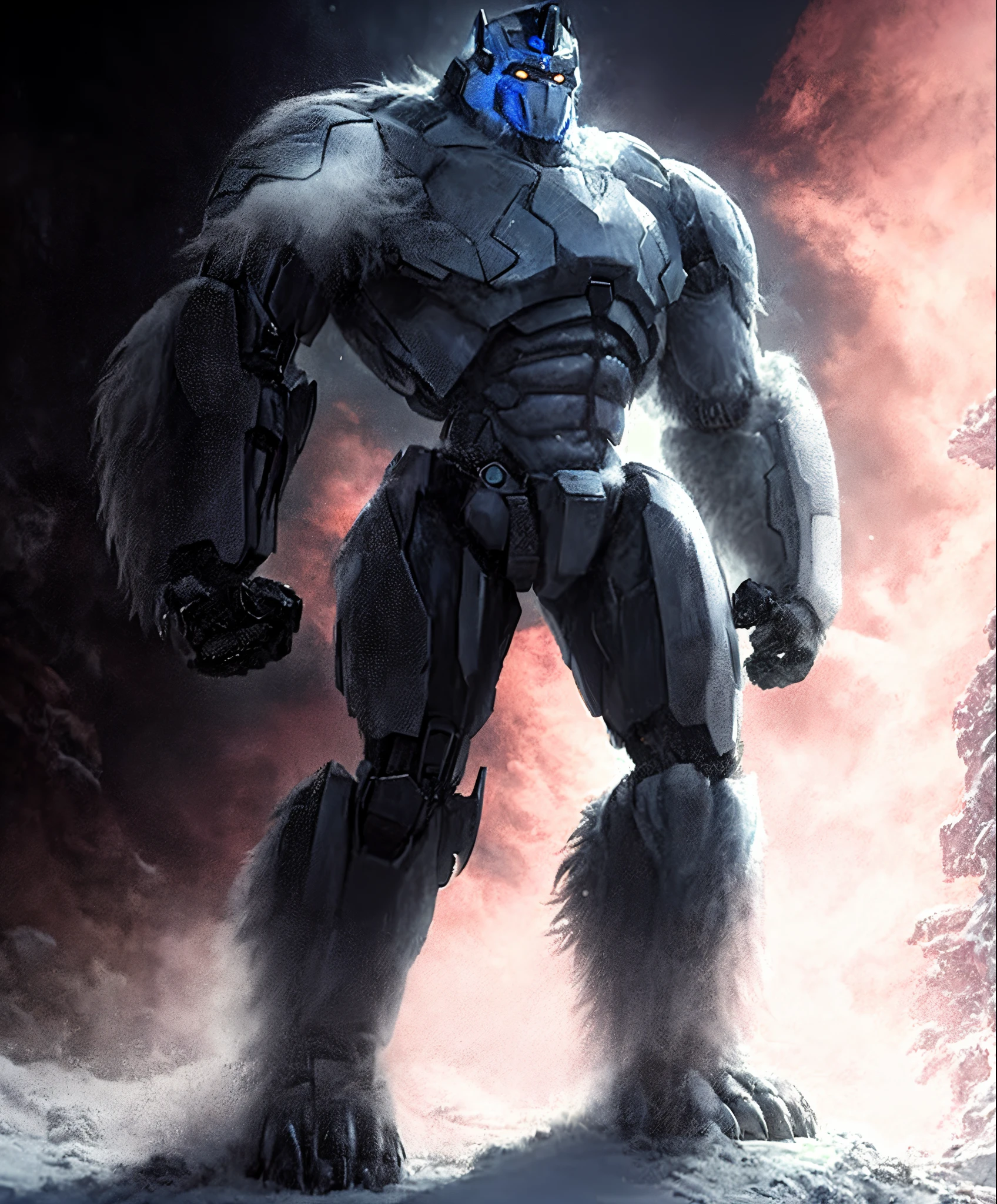 The Yeti as Optimus Primal in robot mode, full-body render, concept art, bold outlines, white fur, dim background, high detail render