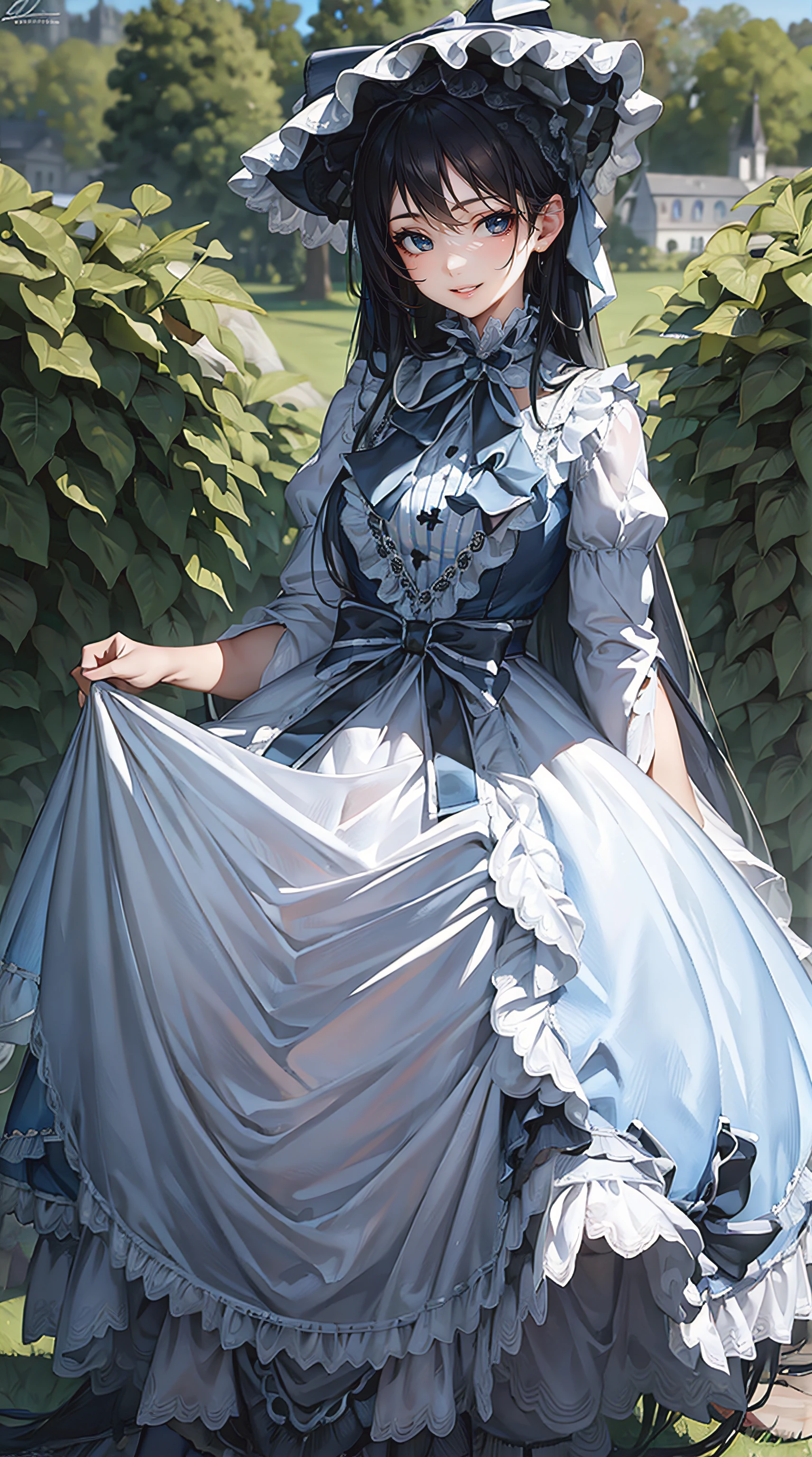 (masterpiece, best quality, ultra-detailed, 8k wallpaper), 1 woman, curvaceous but slender body, long black straight hair, solo, standing in garden, looking at viewer, white lolita_dress