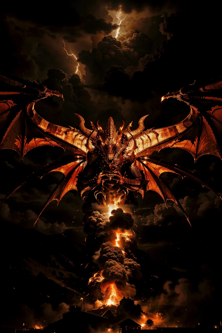 Produce a detailed representation of the dragon described in the biblical apocalypse prophecy, portraying him in an apocalyptic scenario engulfed in raging flames. Destaque sua pele escamosa, olhos penetrantes, and imposing wings as it rises amid the destruction, with lightning and dark clouds in the background. Use lighting and shadow effects to create a dramatic and intense atmosphere, conveying the dragon's magnitude and menacing power in this apocalyptic scene.