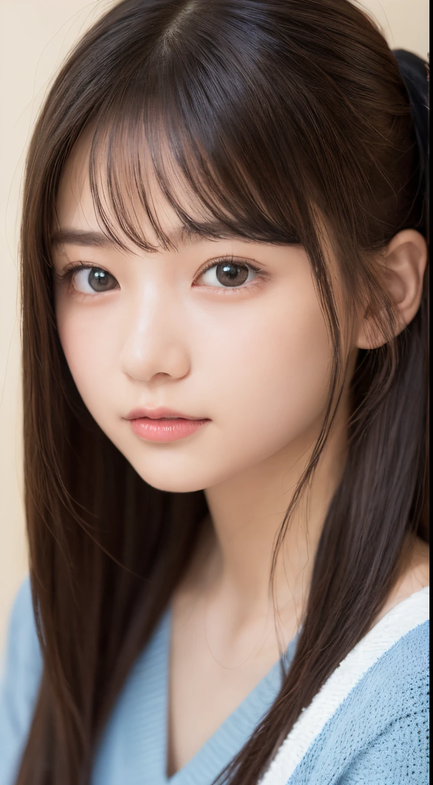 NFSW、masutepiece、masterpiece、1 girl in、(close up of face、cowboy shot)、Straight front view、japanes、very young cute woman、(The cutest girl in the world)、 student、Smaller face、large full breasts、Autumn knit jacket、Sheer inner、Chiffon skirt、Ultra-detailed costumes、Smiling in a café、Scrunchie、Thin necklace、Glamorous figure、hyper cute face、shiny lip、Double eyelids in both eyes、 natural make up、long eyeslashes、shiny smooth light brown hair、bangss、Short twin tail hair、asymmetrical bangs、image in center、8K分辨率、high détails、Detailed hairstyles、A detailed face、spectacular movie lighting、octane renderings、with a vibrant、Ultra-realistic、Perfect limbs、perfect anatomia