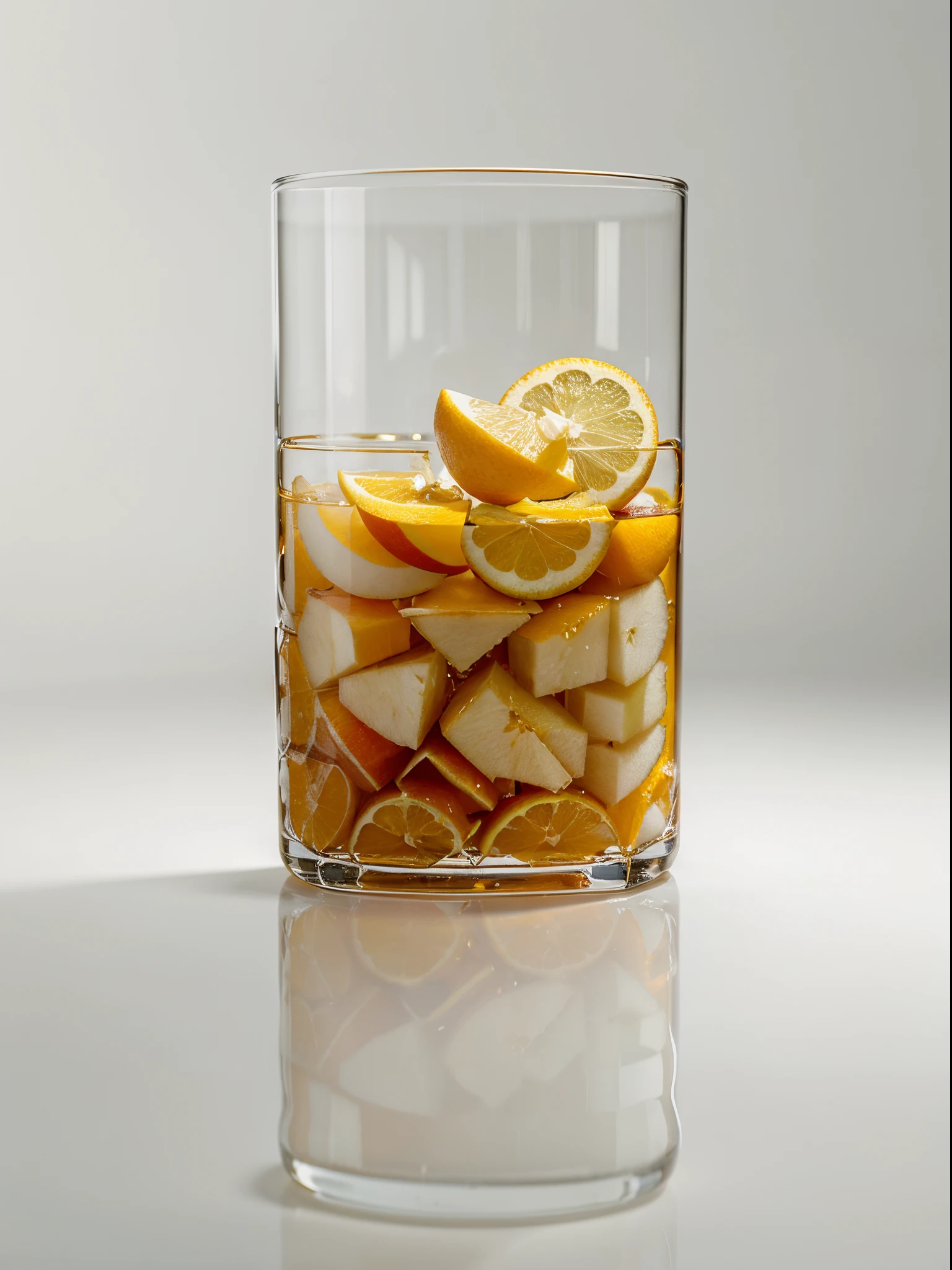 (Best quality,8K,Masterpiece:1.3),NOhumans,Clear glass,There are a lot of sliced pear in it、Oranges cut into cubes, blend, detalhe poderoso, intense detail, on the white background, Clear detail, professional,(Hyper-realistic:1.3)