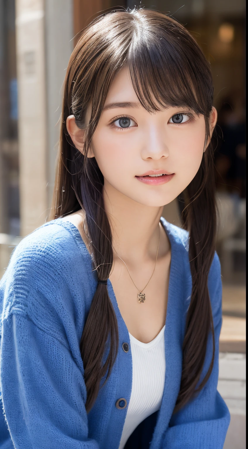 NFSW、masutepiece、masterpiece、1 girl in、(close up of face、cowboy shot)、Straight front view、japanes、very young cute woman、(The cutest girl in the world)、、Smaller face、large full breasts、Autumn knit jacket、Sheer inner、Chiffon skirt、Ultra-detailed costumes、Smiling in a café、Scrunchie、Thin necklace、Glamorous figure、hyper cute face、shiny lip、Double eyelids in both eyes、 natural make up、long eyeslashes、shiny smooth light brown hair、bangss、Short twin tail hair、asymmetrical bangs、image in center、8K分辨率、high détails、Detailed hairstyles、A detailed face、spectacular movie lighting、octane renderings、with a vibrant、Ultra-realistic、Perfect limbs、perfect anatomia