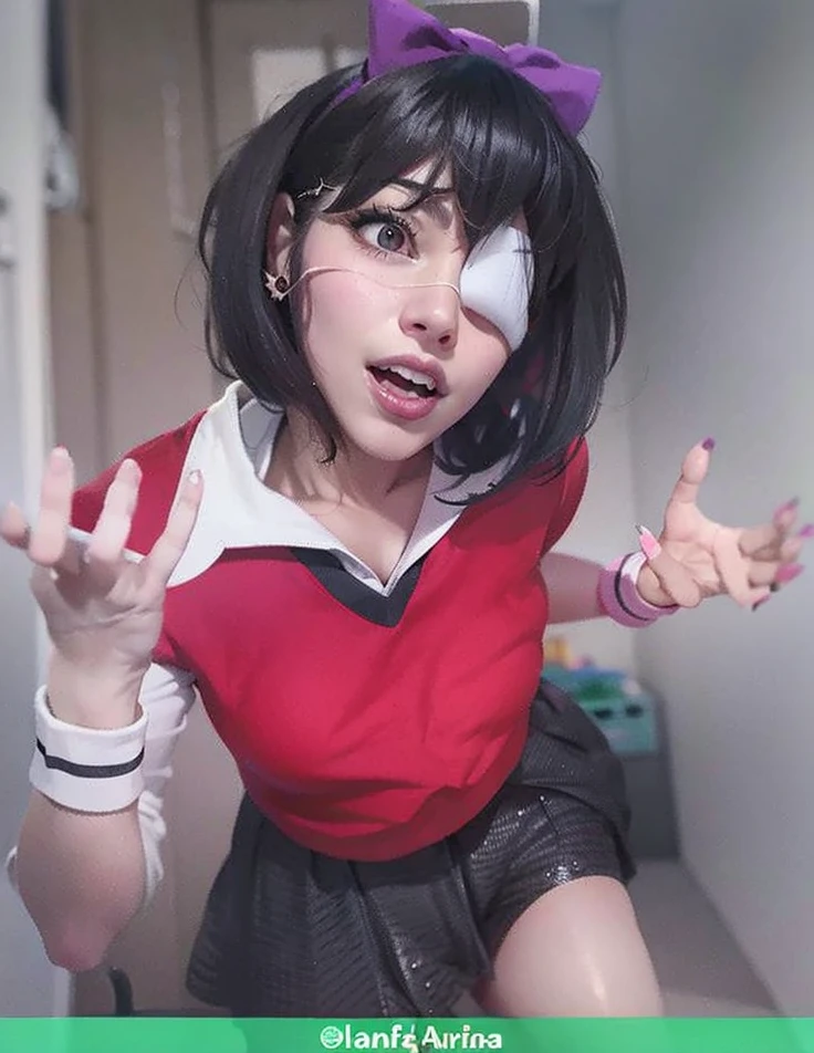 Mujer arafed con camisa roja y falda negra con un lazo morado., Anime Girl Cosplay, Anime de cosplay, Chica de anime en la vida real, como personaje de anime, Akane Owari Danganronpa, Inspirado en el anime, cosplay profesional, 1 7 - year - old anime goth girl, Chiaki Nanami de Danganronpa, cosplay realista, cosplay