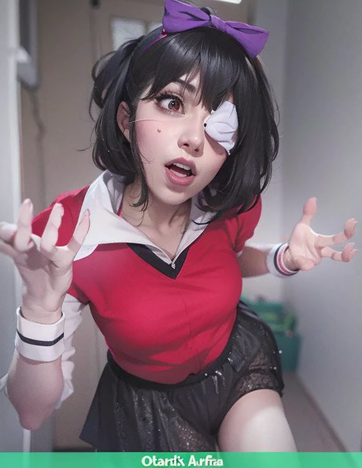 Mujer arafed con camisa roja y falda negra con un lazo morado., Anime Girl Cosplay, Anime de cosplay, Chica de anime en la vida real, como personaje de anime, Akane Owari Danganronpa, Inspirado en el anime, cosplay profesional, 1 7 - year - old anime goth girl, Chiaki Nanami de Danganronpa, cosplay realista, cosplay