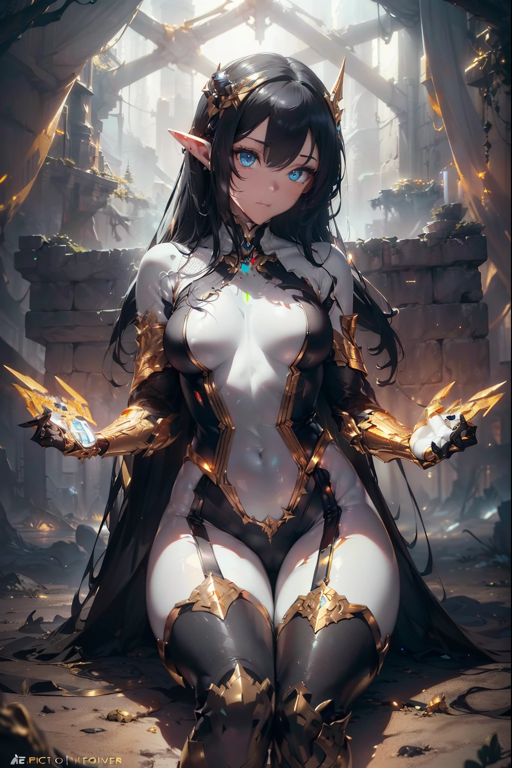 Elf, intricate perfect beauty face, detailed sharp glowing eyes, detailed face, (((from face to the waist))), (((beauty shape))), ((in realistic white neon-lit sci-fi mech plugsuit costume)), masterpiece, 4k, UHD (((wearing golden gauntlet with hyper realistic and detailed black))) (((aethereal aesthetic)))