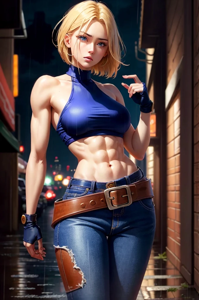 maryms, top quality, (beauty), 1girl, physically based rendering, ultra high resolution, (cowboy shot: 1.5), narrow waist, skinny, leonam, muscular, big blue eyes, long legs, jeans, leather belt, small breasts, puffy eyes, leather belt, (rainy city), shiny skin, facing person, winning posture,