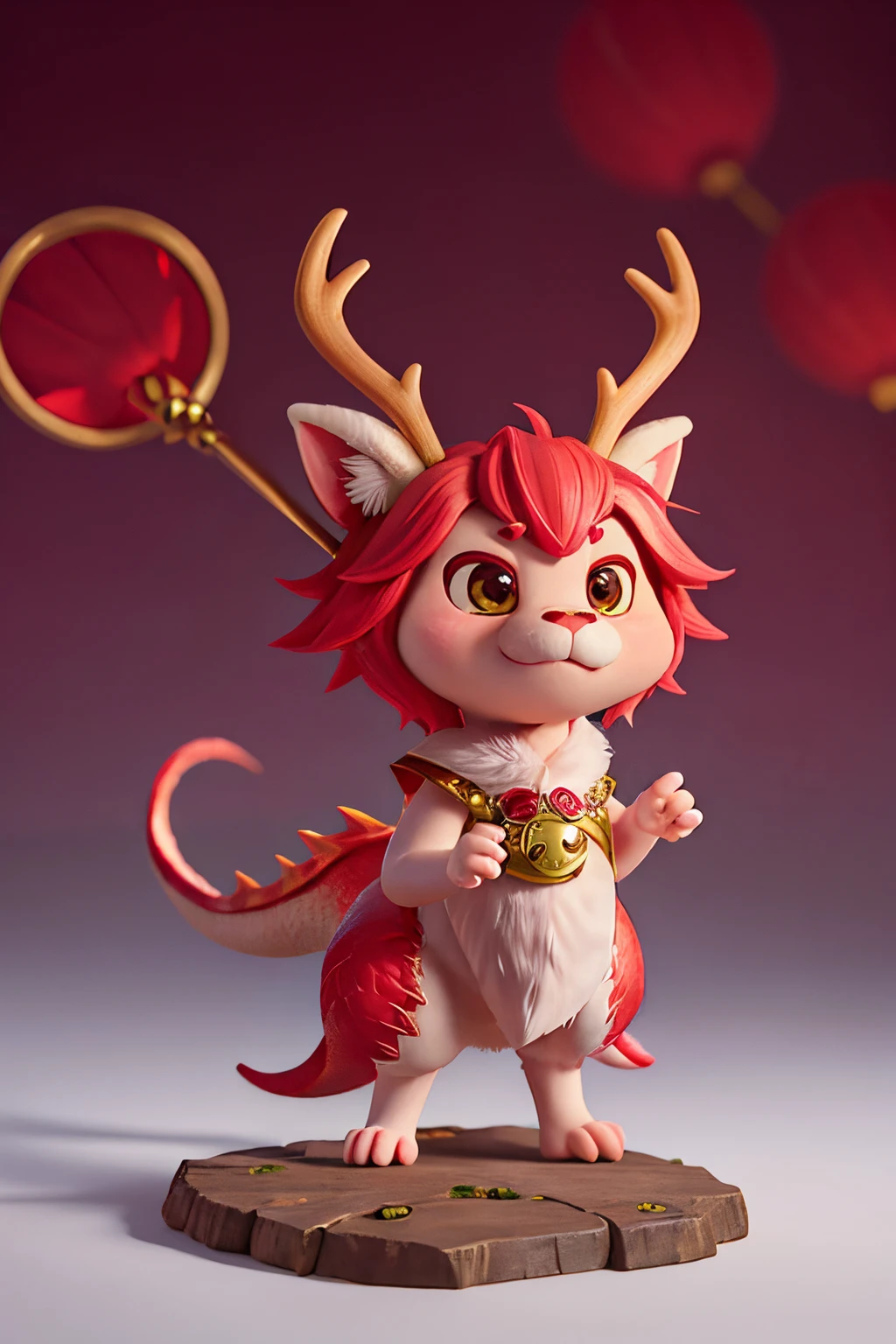 chibi, masterpiece, best quality, original, official art,full body,A cute Chinese dragon, antlers, two hands,Pink dragon scales, standing, anthropomorphic, beautiful light, surreal,blurred background,,cartoon rendering,bright light,
