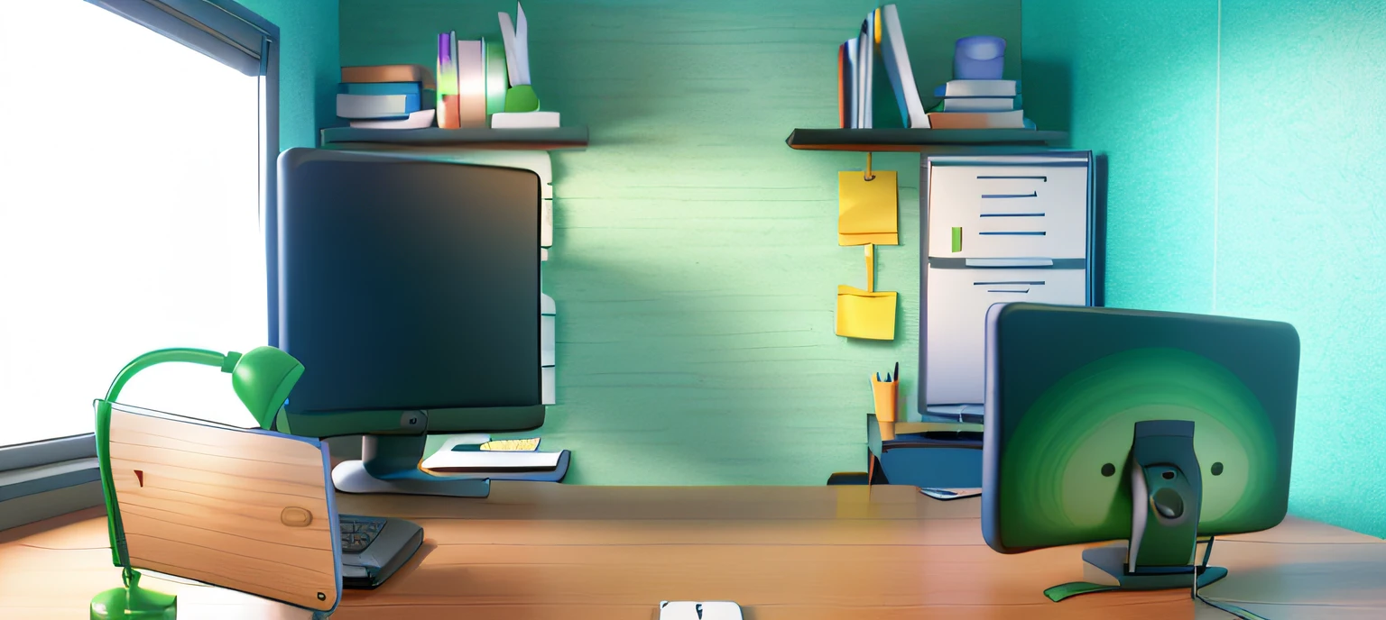 there is a computer monitor on a table in front of a monitor, classroom background, office background, fundo de tela verde, plain studio background, fundo do quarto pessoal, conjunto virtual, Fotografia da sala 3D do iOS, studio background, corner office background, fundo dos bastidores, office cubicle background, Sala de aula da escola, corporate animation style, fundo da biblioteca, animation style rendering, create variations of this scenario using the Disney animation style