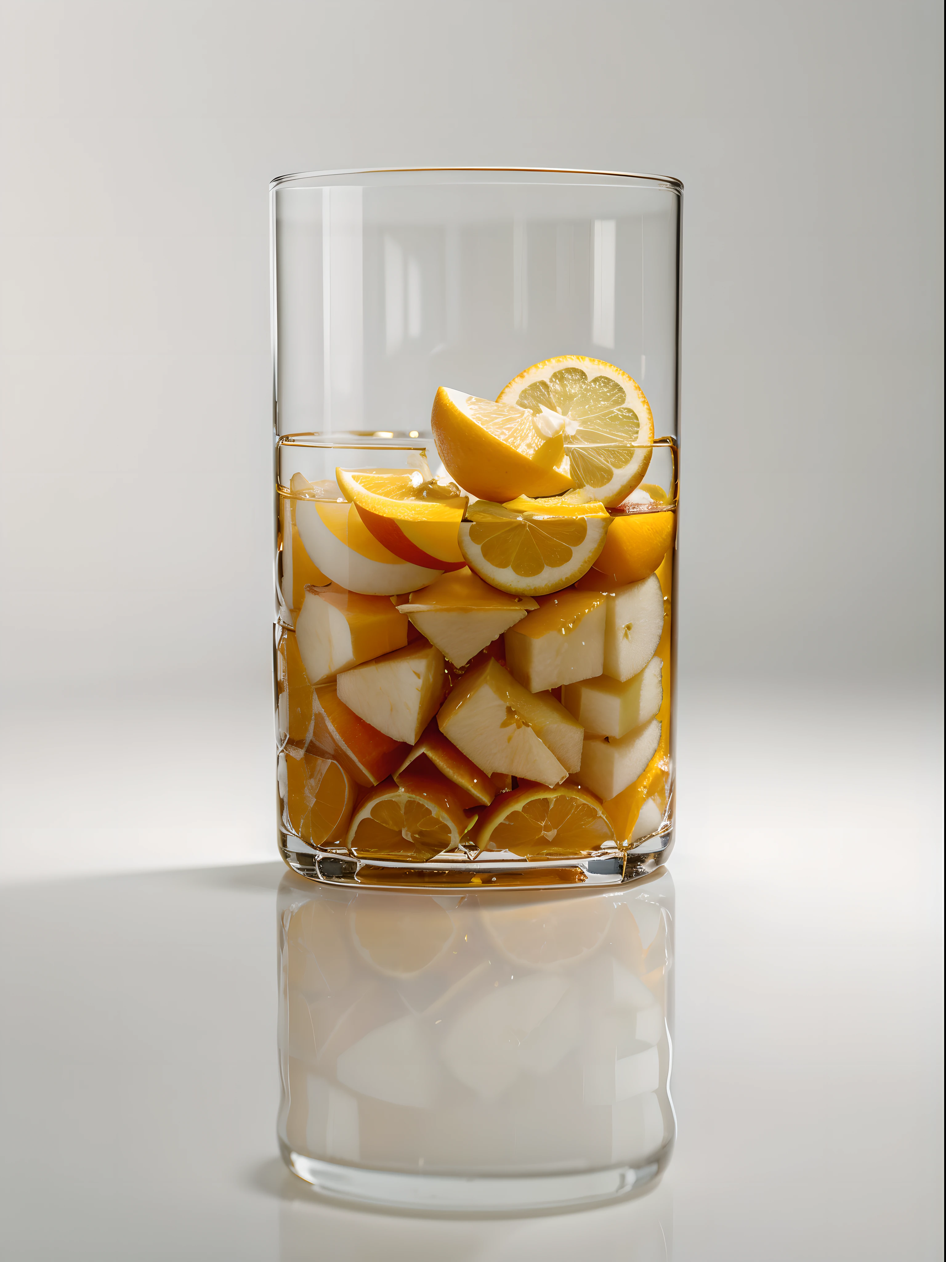 (Best quality,8K,Masterpiece:1.3),NOhumans,Clear glass,There are a lot of sliced pear in it、Oranges cut into cubes, blend, detalhe poderoso, intense detail, on the white background, Clear detail, professional,(Hyper-realistic:1.3)