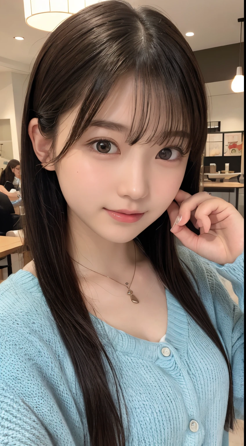 NFSW、masutepiece、masterpiece、1 girl in、(close up of face、cowboy shot)、Straight front view、japanes、very young cute woman、(The cutest girl in the world)、、Smaller face、large full breasts、Autumn knit jacket、Sheer inner、Chiffon skirt、Ultra-detailed costumes、Smiling in a café、Scrunchie、Thin necklace、Glamorous figure、hyper cute face、shiny lip、Double eyelids in both eyes、 natural make up、long eyeslashes、shiny smooth light brown hair、bangss、Short twin tail hair、asymmetrical bangs、image in center、8K分辨率、high détails、Detailed hairstyles、A detailed face、spectacular movie lighting、octane renderings、with a vibrant、Ultra-realistic、Perfect limbs、perfect anatomia