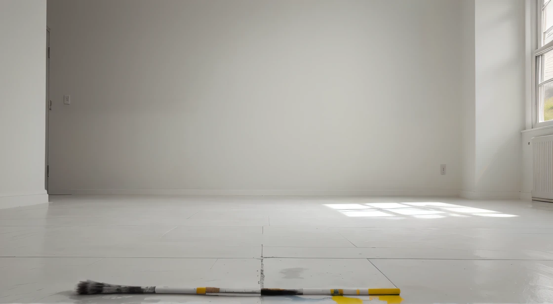 white colors, empty background, A brush, Place on the ground, allow, succinct, Blank background, twenty shades of gray, Interior space, whole wall, artistic conception, Paint brush on the ground,roller brush, concept-art, colorfield painting