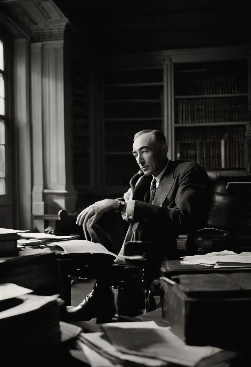 A photo of Oppenheimer sitting at his desk, surrounded by stacks of papers and books, deep in thought.,World War II,J. Robert Oppenheimer was a slender, sharp-featured man, often seen with a cigarette in hand, which complemented his contemplative demeanor. He had deep-set eyes and a prominent nose, which, alongside his habitual wearing of a pork pie hat, gave him a distinctive silhouette.