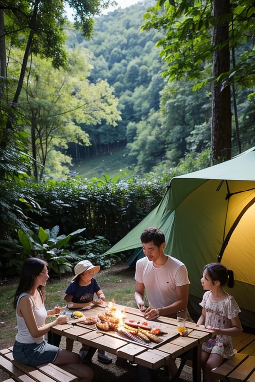 A camping site on the top of a mountain,Under the big canopy,Sitting father, mother, son and daughter,Mom is having a barbecue,Dad is feeding his daughter barbecue,The son is banging the table