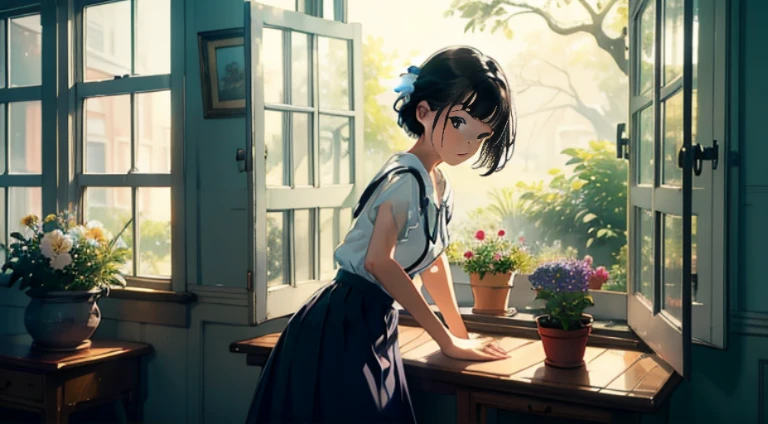 (Watercolor in Sargent style)、(top-quality、high-level image quality、masterpiece)、(David Hamilton Style)、(softfocus)、Cinema Angle、ciinematic light、Soft light、(traditional british public school)、1girl in、、A stunning、Short black hair、Crisp face、(detailed face depiction)、small tits、tiny chest、(classic one piece uniform)、(long skirt)、Open Windows、Standing on the windowsill、wind blowing from the window、Hair flutters、Side table、Flowers on the windowsill、Botanical Garden、Flower Shop、The table、florals、houseplant、 The tree、(classic vibes)、