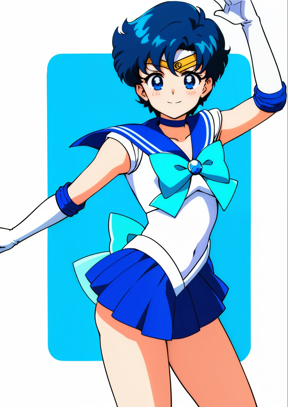 Top Quality Anime Art、masterpiece、high definition anime art、anime style 4 k、Anime Boy、Handsome boy、 boys、Ami Mizuno、gender change、Sailor Mercury、gender change(Girls to boys)、rating:safe、Sailor Senshi Uniform、Masculinization、Blue choker、Blue sailor collar、Sky blue bow tie、solo、Very short blue-haired boy、Magical Boy、Blue knee boots、Blue Heeled Boots、Blue-eyed boy、White leotard、highleg leotard、robe blanche、a blue skirt、white glove、elbowgloves、skirt、bow、green_background、circlet、back_bow、sparkle、smile、jewelry、full_body、a miniskirt、pleatedskirt、耳Nipple Ring、brooch、blue_bow、sky blue_bow、white_bow、Boy standing、blush、Muscular men、looking_at_viewer、Bare shoulders、bare legs、Hymn of the King as a Prince、(1990's\(styles\):0.9)、