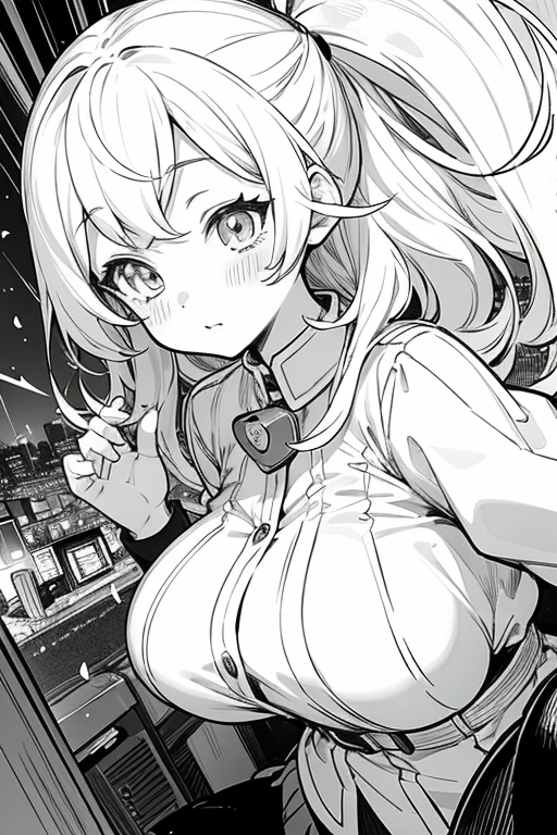 line art, comic strip, Mono Color, illuminations, 1个Giant Breast Girl, tmasterpiece, Best quality at best, super detailing