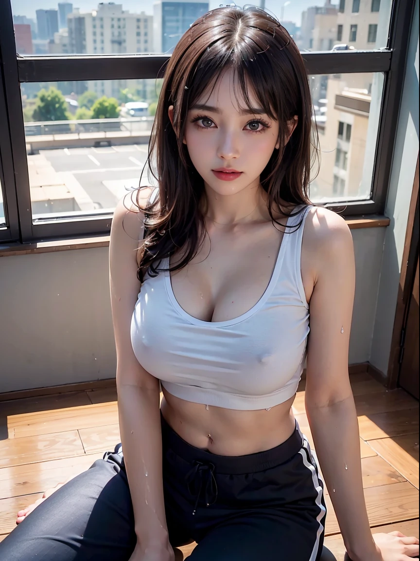 SeaArt Bot ,Upscaling 、RAW Photography、top-quality、masterpiece:1.2)、(realisitic、photoRealstic:1.37)、1girl in、Nepali、25-years old、femele、(deep in the night)、sunlights、a room、Daytime cityscape seen from the window、Studio Lighting、face lights、photon maping、Radio City、Purple hair、A detailed face、detailed lips、A detailed eye、More skin、二重まぶた、(Huge round:1.3)、((Exposure))、(T-shirt and joggers、Nepal)、(T-shirt)、(Wearing a T-shirt and joggers)、((no brassiere)))、Exposed cleavage、exposed shoulder、Thigh exposure、(camel's toe)、perfectbody、shinny skin、(Body wet with sweat:1.2)、smirking face、((sitting on))、Make eye contact with the camera、Lens blur for background camera、depth of fields、35 m、ultra-detailliert、ultra-quality、flawless、Anime tattoo on right hand、((Vintage style photography 1:1)),((NSFW 1:0),HDR