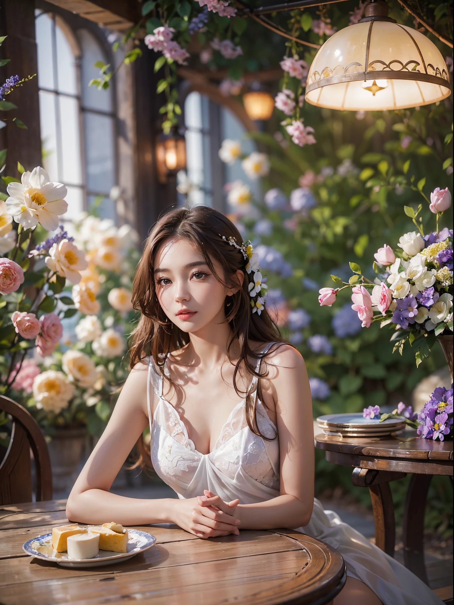 ((A 20-year-old beautiful woman sits comfortably at a table with her elbows bent forward.........))8K、An ultra-high picture quality、Ultra-realistic details、3d rendered、Raw photography、slender and large breasts,、White see-through dress with a large open neckline、Upper and lower innerless、Brown hair、Super Wavy Hair、Smiling、Beautiful flowers on the background々garden with flowers.、Blur the background、Dazzling sunlight、Professional photographer photography、