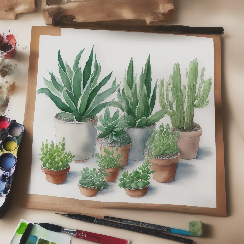 succulent sketch,potted plant_((Succulents)),agave,watercolor paiting,​masterpiece,awardwinning