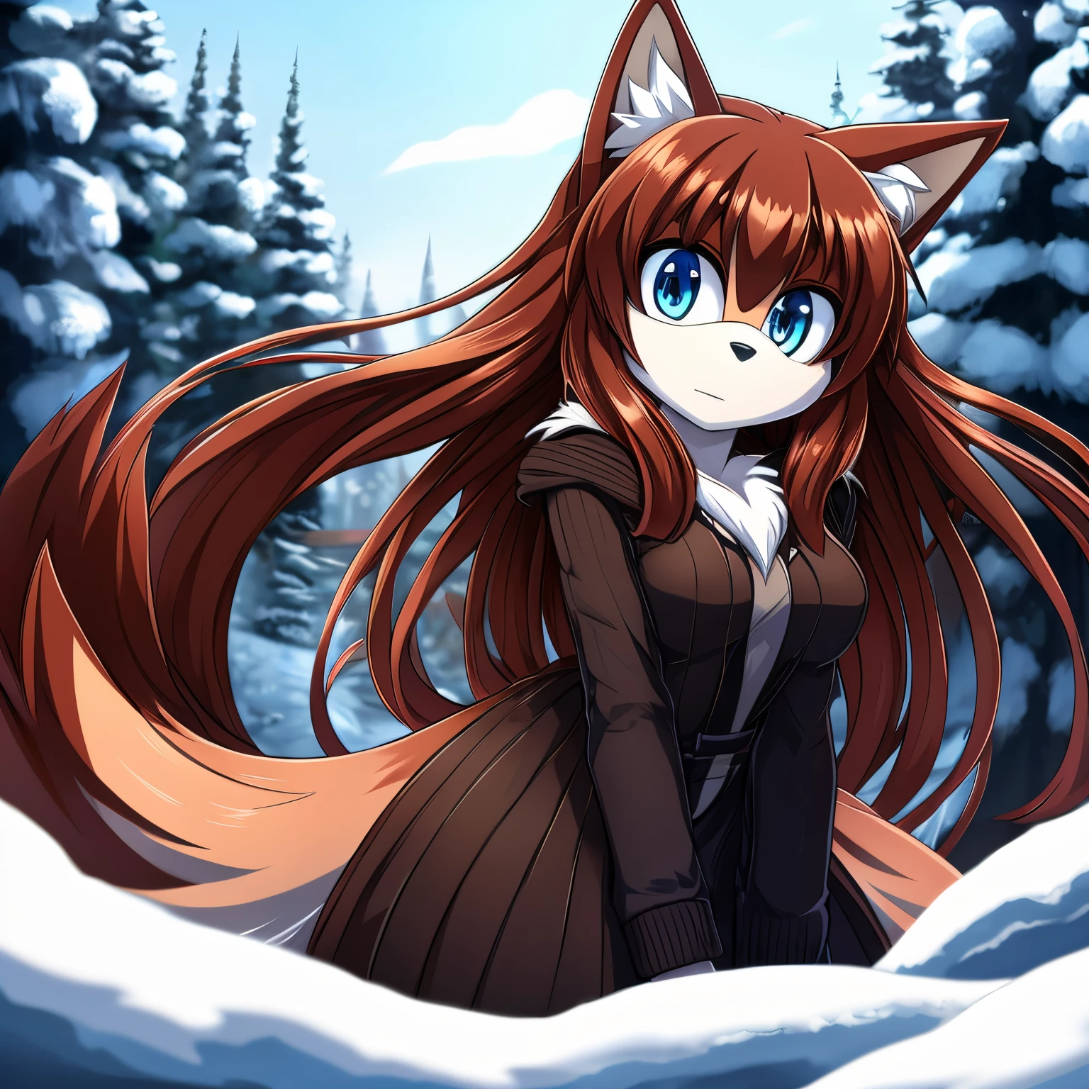 mobian, female, Husky, brownish red fur, fuzzy fur, long hair, tips of long hair blend to white, sky blue colored eyes, hair bangs, large tuft of chest fur, fluffy brownish red fur/hair over the shoulders, fluffy husky tail, winter like clothing, leaning forward, head tilt, medium sized breasts, winter like forest/park background, looking at viewer, (best quality, well detailed, masterpiece, 2D Anime Style)