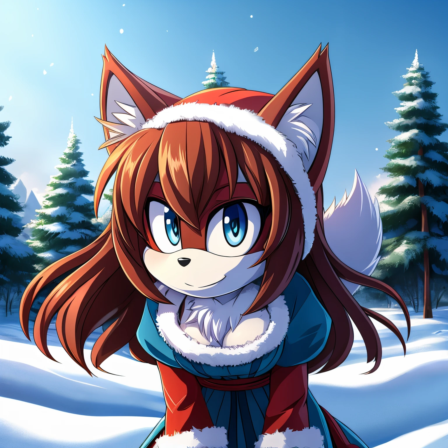 mobian, female, Husky, brownish red fur, fuzzy fur, long hair, tips of long hair blend to white, sky blue colored eyes, hair bangs, large tuft of chest fur, fluffy brownish red fur/hair over the shoulders, fluffy husky tail, winter like clothing, leaning forward, head tilt, medium sized breasts, winter like forest/park background, looking at viewer, (best quality, well detailed, masterpiece, 2D Anime Style)
