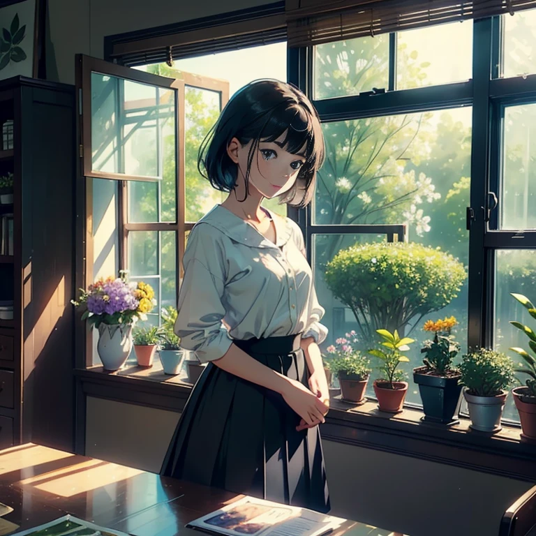 (Watercolor in Sargent style)、(top-quality、high-level image quality、masterpiece)、(David Hamilton Style)、(softfocus)、Cinema Angle、ciinematic light、Soft light、(traditional british public school)、1girl in、、A stunning、Short black hair、Crisp face、(detailed face depiction)、small tits、tiny chest、(classic one piece uniform)、(long skirt)、Open Windows、Standing on the windowsill、wind blowing from the window、Hair flutters、Side table、Flowers on the windowsill、Botanical Garden、Flower Shop、The table、florals、houseplant、 The tree、(classic vibes)、