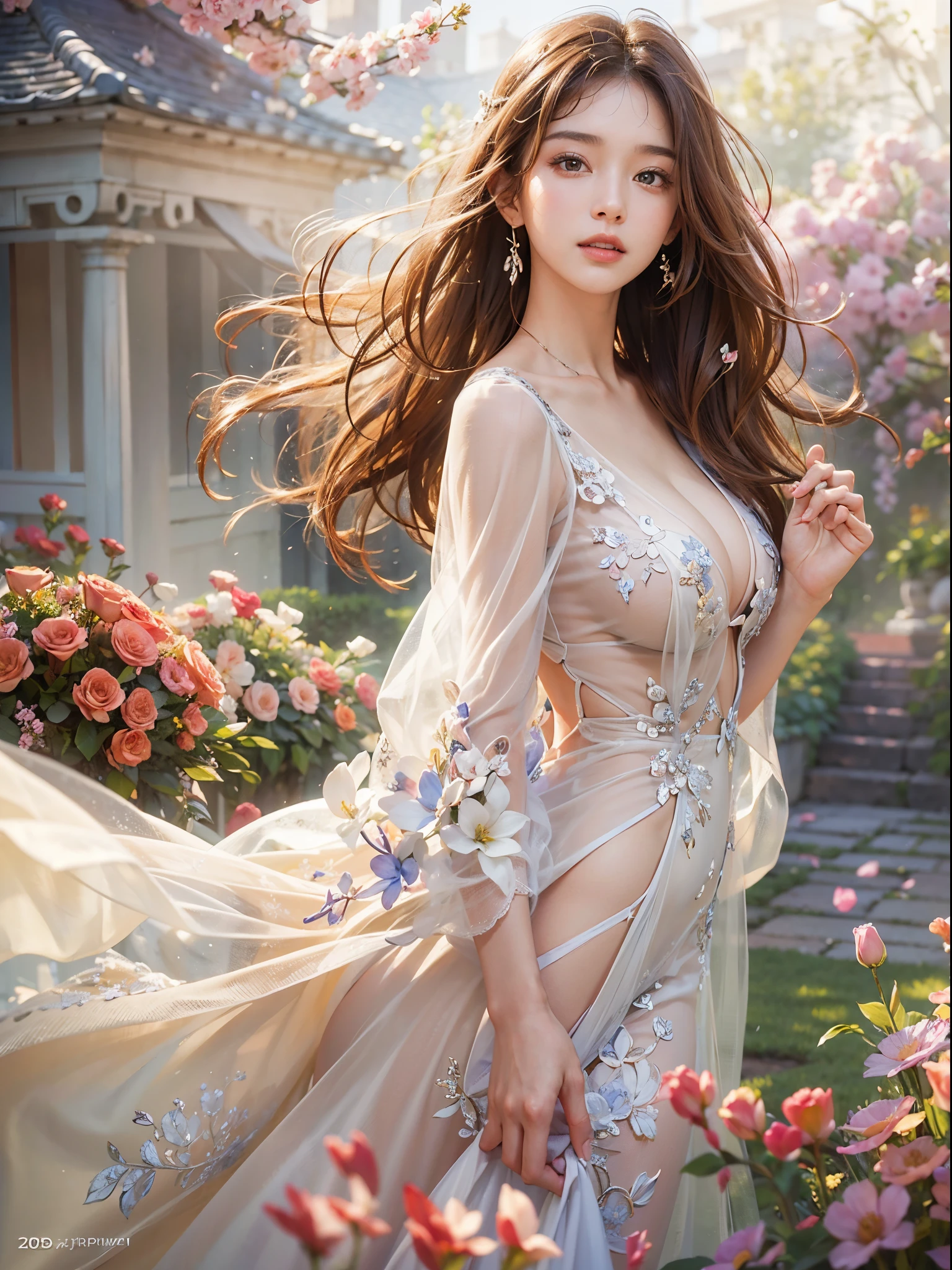 ((20 year old beautiful woman looking back.....))8K、An ultra-high picture quality、Ultra-realistic details、3d rendered、Raw photography、slender and large breasts,、White see-through dress with a large open neckline、Brown hair、Super Wavy Hair、Smiling、Beautiful flowers on the background々garden with flowers.、Blur the background、Dazzling sunlight、Professional photographer photography、