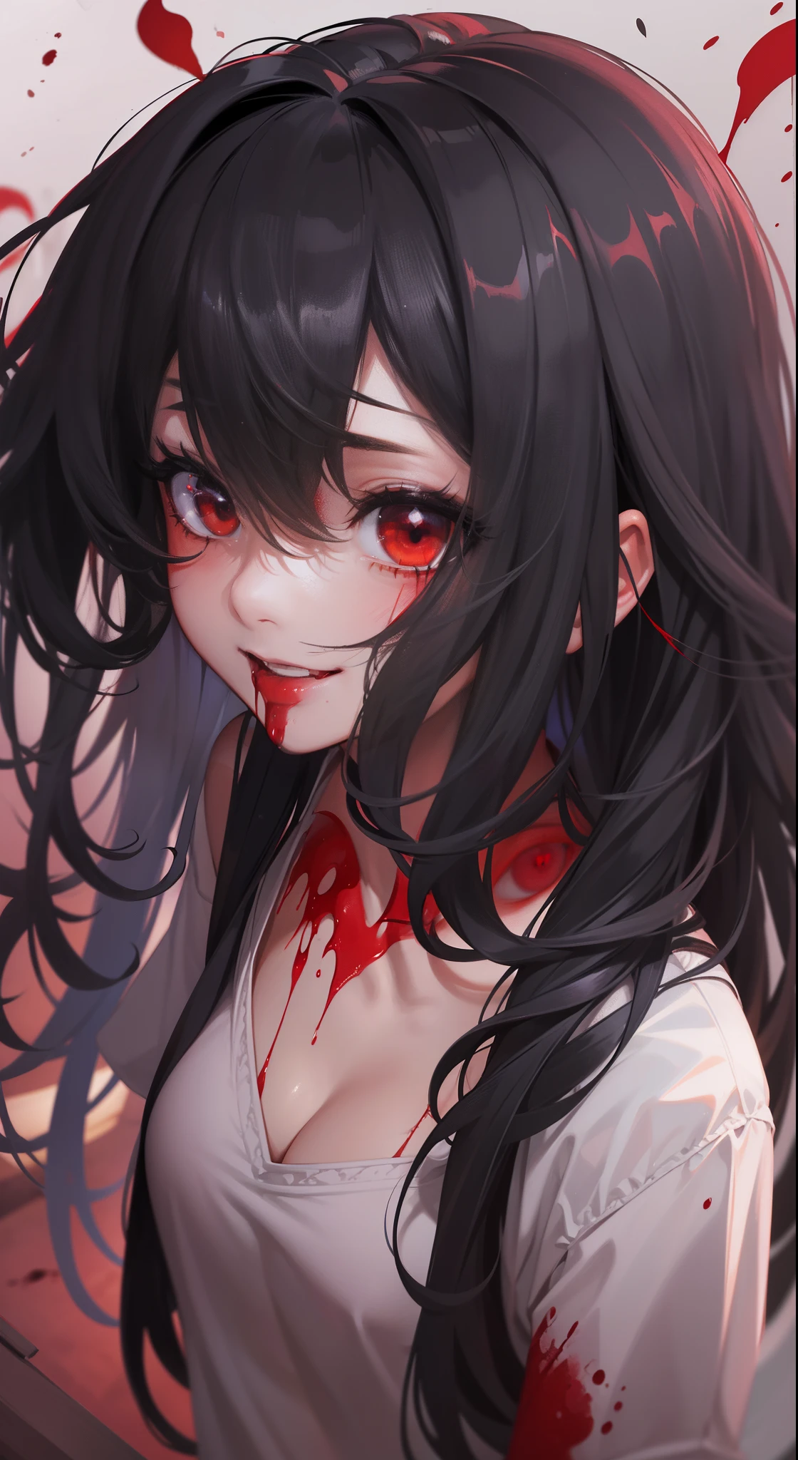 masterpiece, zoom out, score_9, score_8_up, score_7_up, portrait, 1 girl, alone, black hair, long hair, long parted bangs, white eyes, black sclera, (blood tears, small smile), evil, parted lips, expressionless, big breasts, upper body, V-neck strap basic dress, black bottom, best quality, long split bangs, Long parted bangs 
