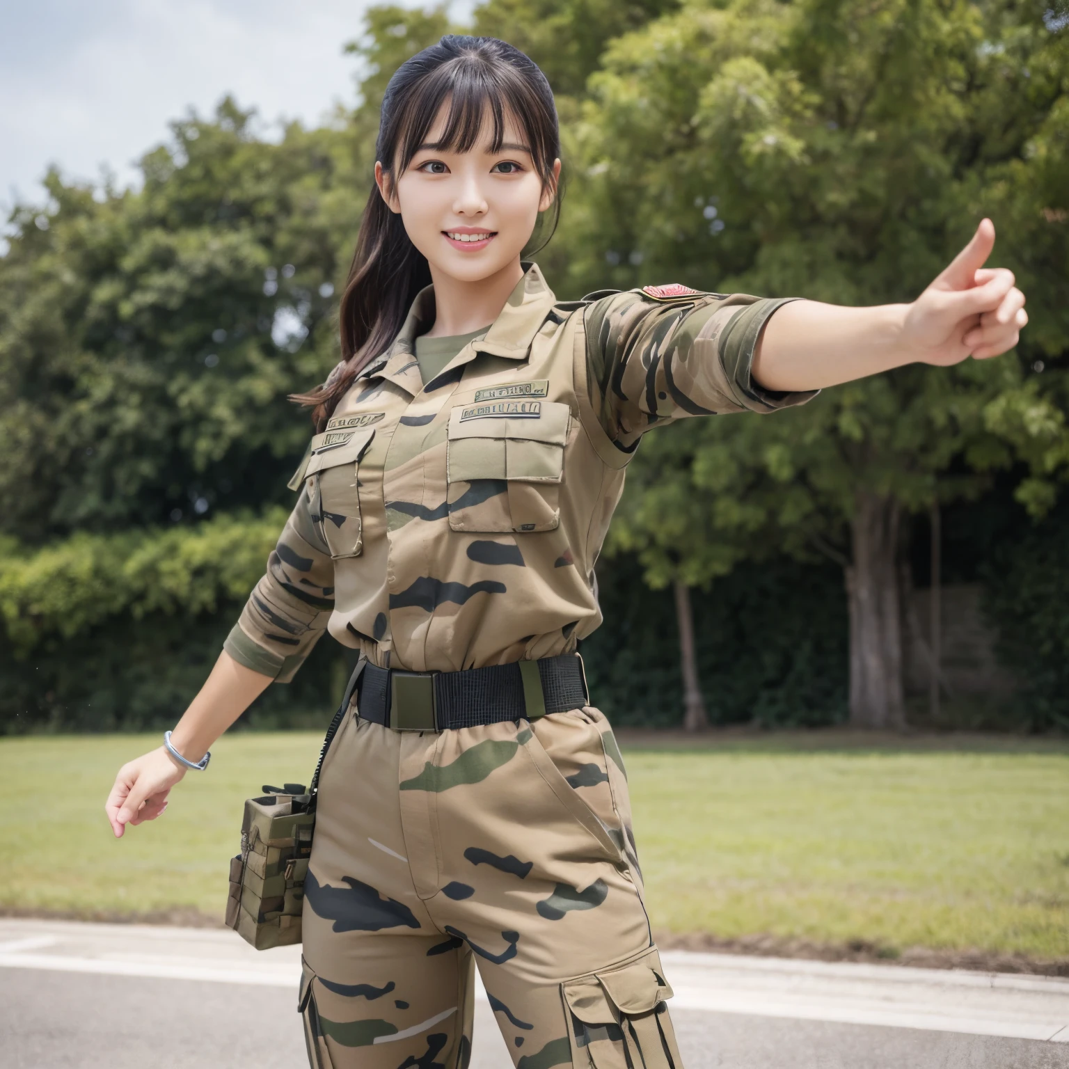 Best Quality, masutepiece, 超A high resolution、The most complex and detailed depictions))、1 female Ground Self-Defense Force member、Self-Defense Force Uniforms、perfect self defense uniform、Camouflage pattern clothing、Shot from the waist up、Staring at me、(Natural standing)、A smile、smil、A detailed face、Completely reproduces the fine details of the Self-Defense Forces、The background is the Self-Defense Forces&#39; outdoor training range.、perfect tank in the distance、intricate and detailed tank、detailed tank、hold a gun、perfect guns、perfect arms、Perfect fingers